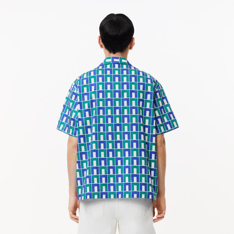 Erkek Relaxed Fit Kısa Kollu Monogram Yeşil Gömlek
