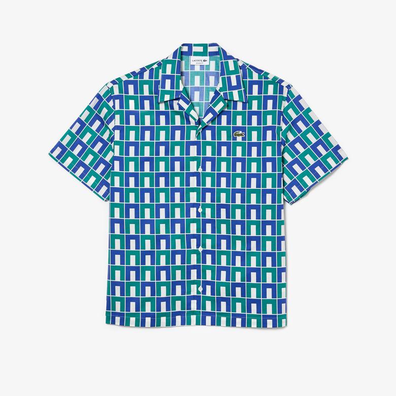 Erkek Relaxed Fit Kısa Kollu Monogram Yeşil Gömlek