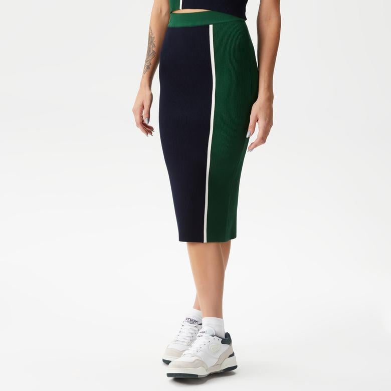 Kadın Slim Fit Renk Bloklu Lacivert Etek