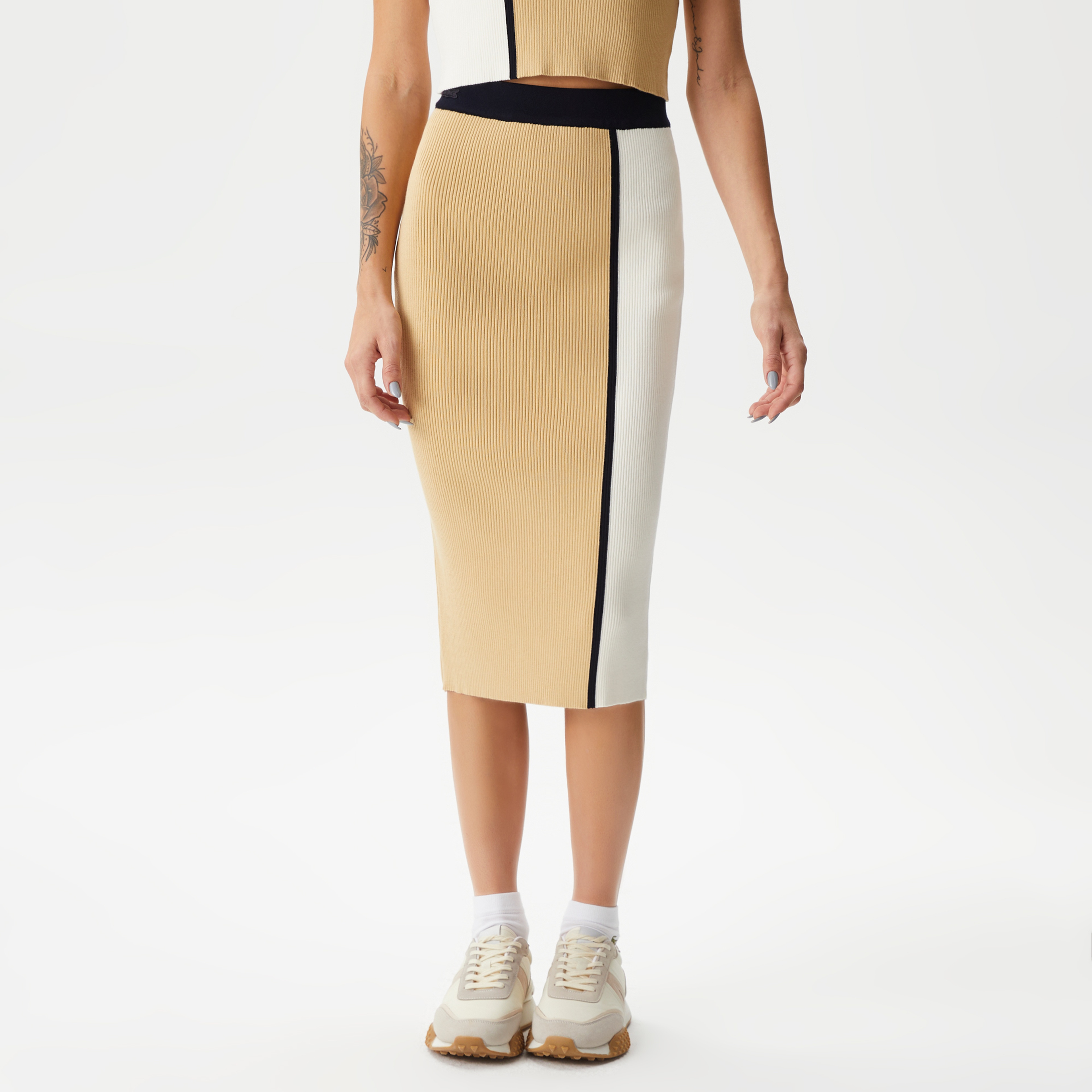 Kadın Slim Fit Renk Bloklu Bej Etek