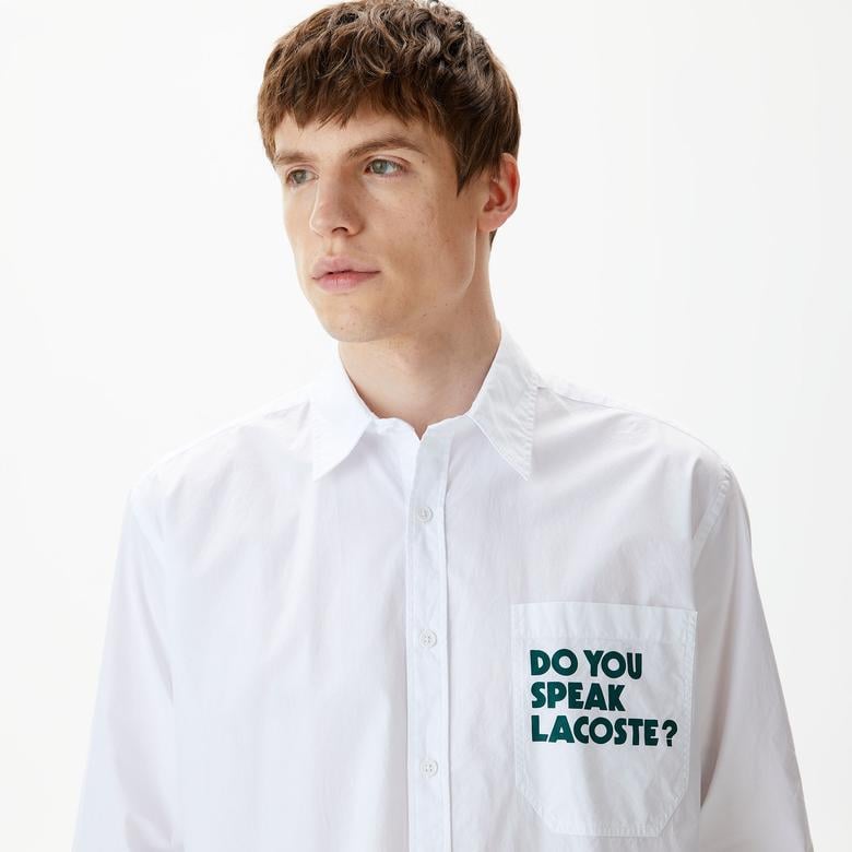 Erkek Loose Fit Baskılı Beyaz Gömlek