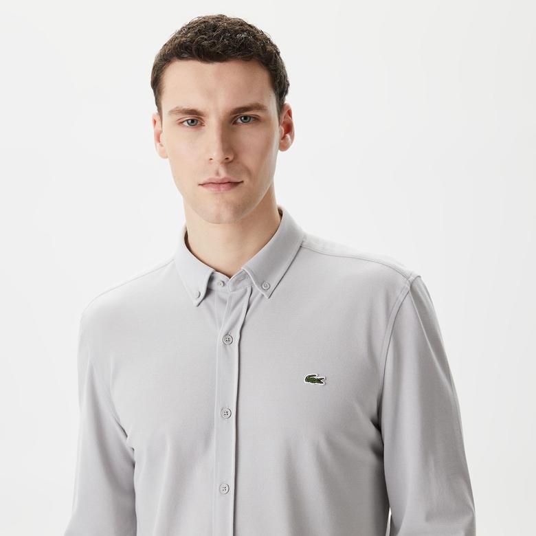 Erkek Slim Fit Düğmeli Yaka Gri Gömlek