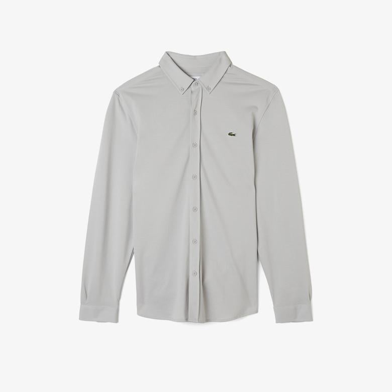 Erkek Slim Fit Düğmeli Yaka Gri Gömlek