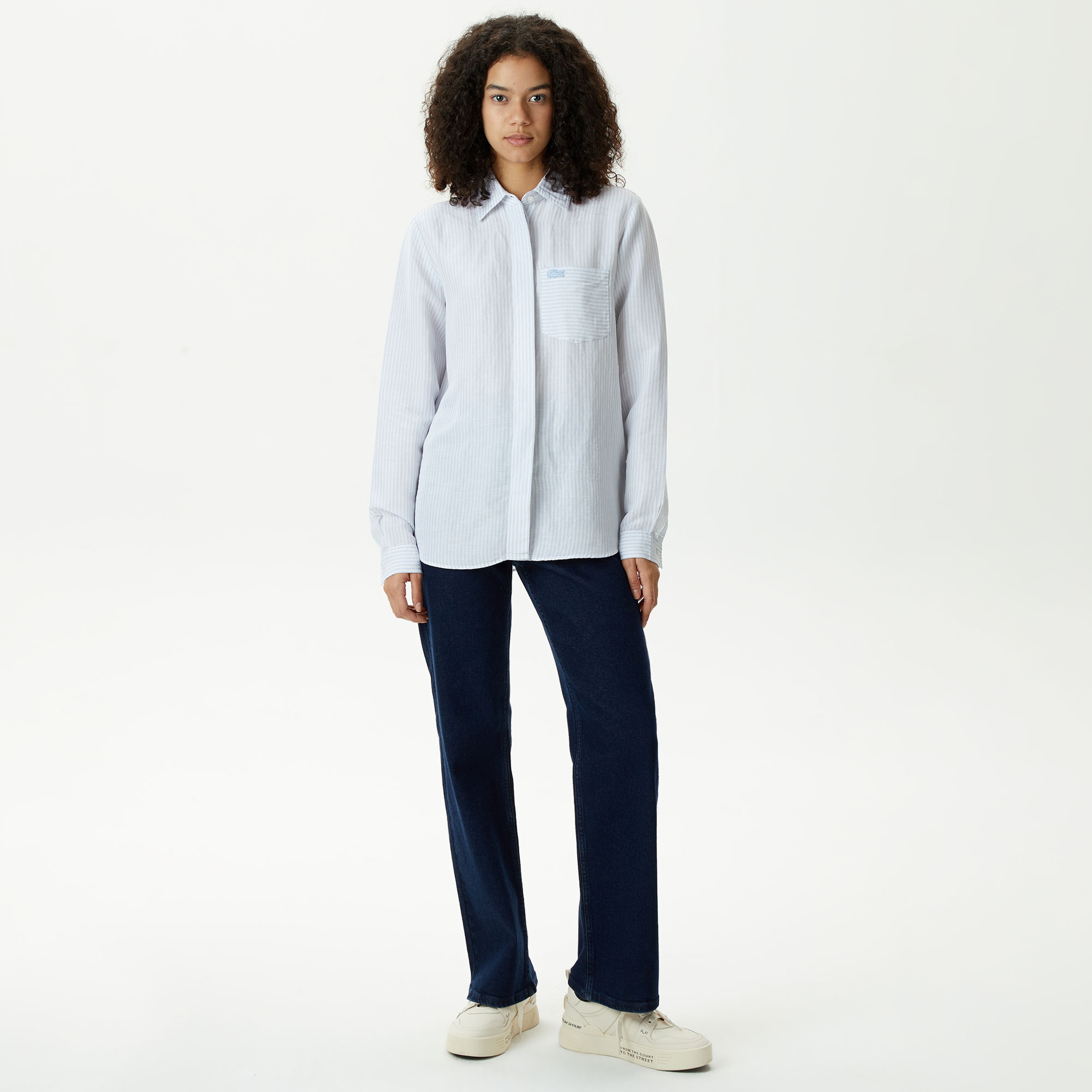 Kadın Relaxed Fit Çizgili Mavi Gömlek