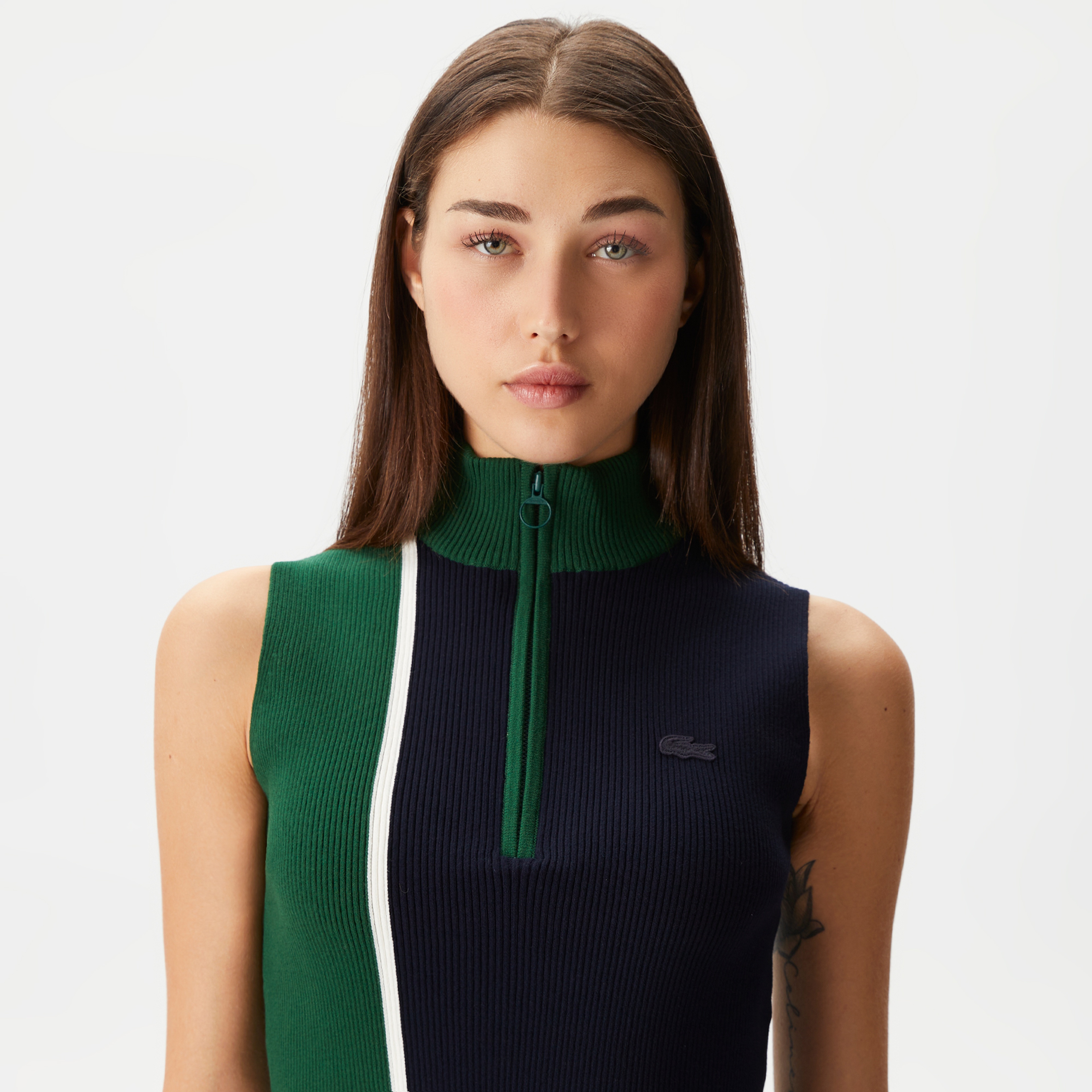 Kadın Slim Fit Fermuarlı Renk Bloklu Lacivert Triko