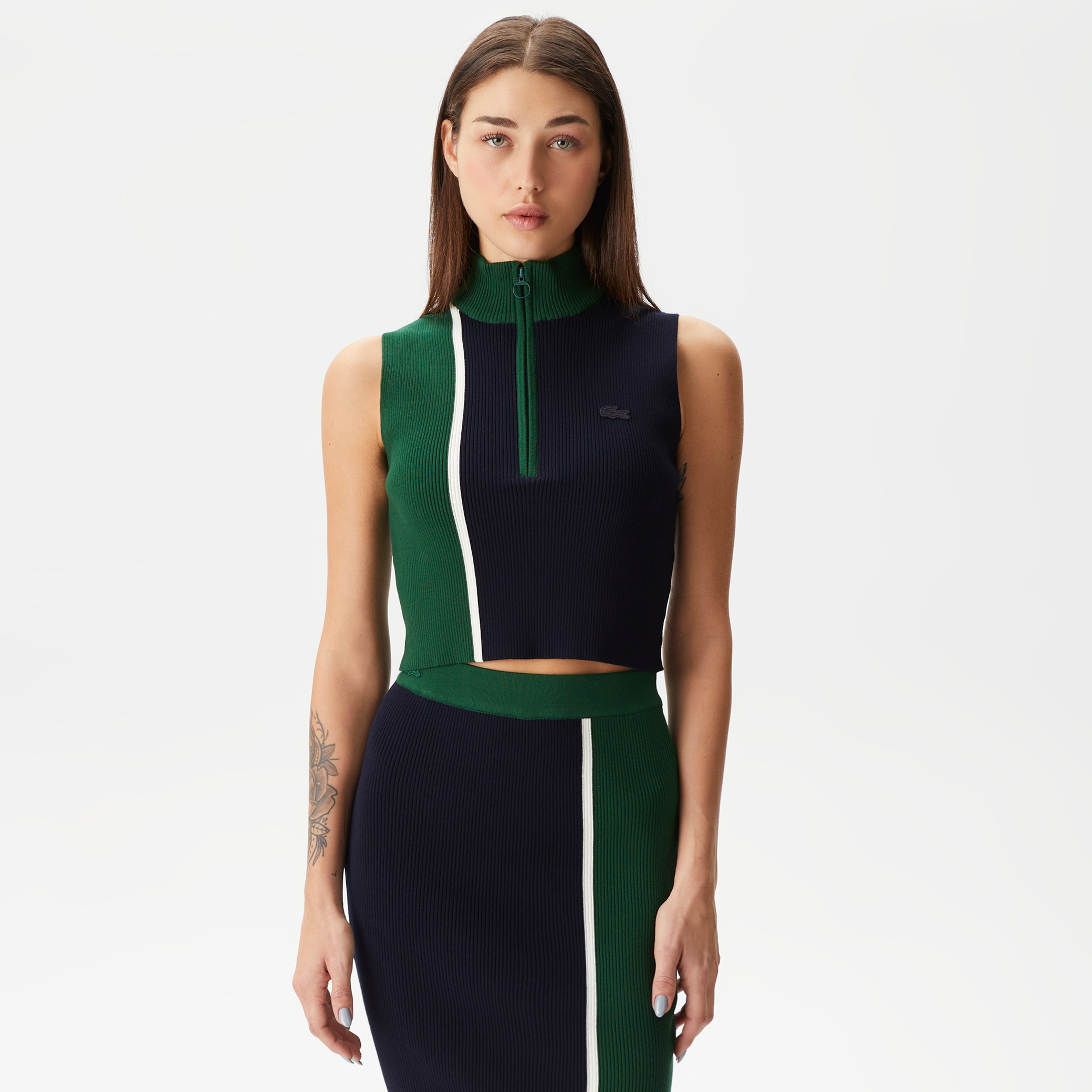 Kadın Slim Fit Fermuarlı Renk Bloklu Lacivert Triko