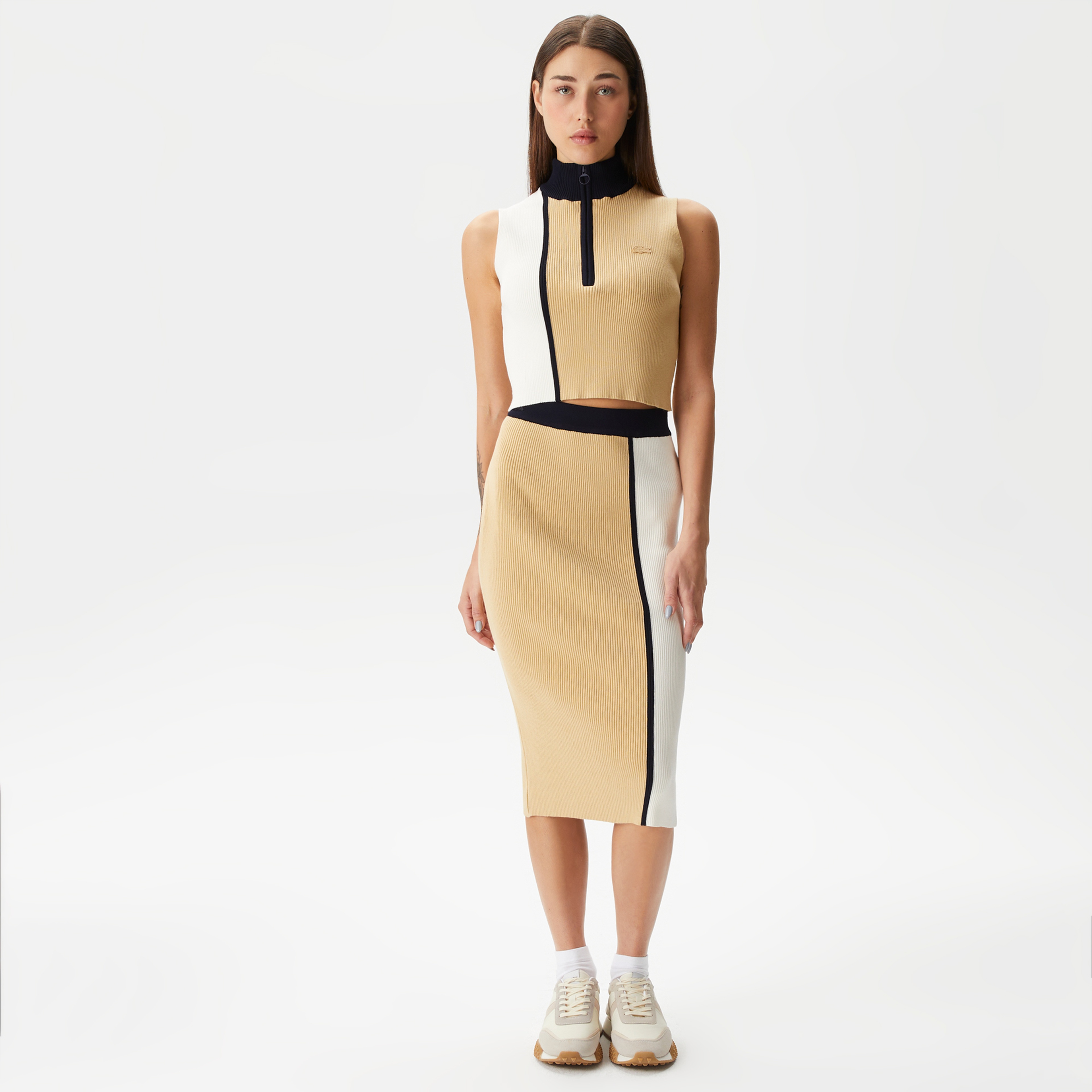 Kadın Slim Fit Fermuarlı Renk Bloklu Bej Triko