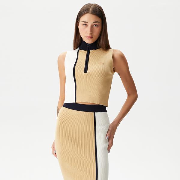 Kadın Slim Fit Fermuarlı Renk Bloklu Bej Triko