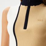 Kadın Slim Fit Fermuarlı Renk Bloklu Bej Triko