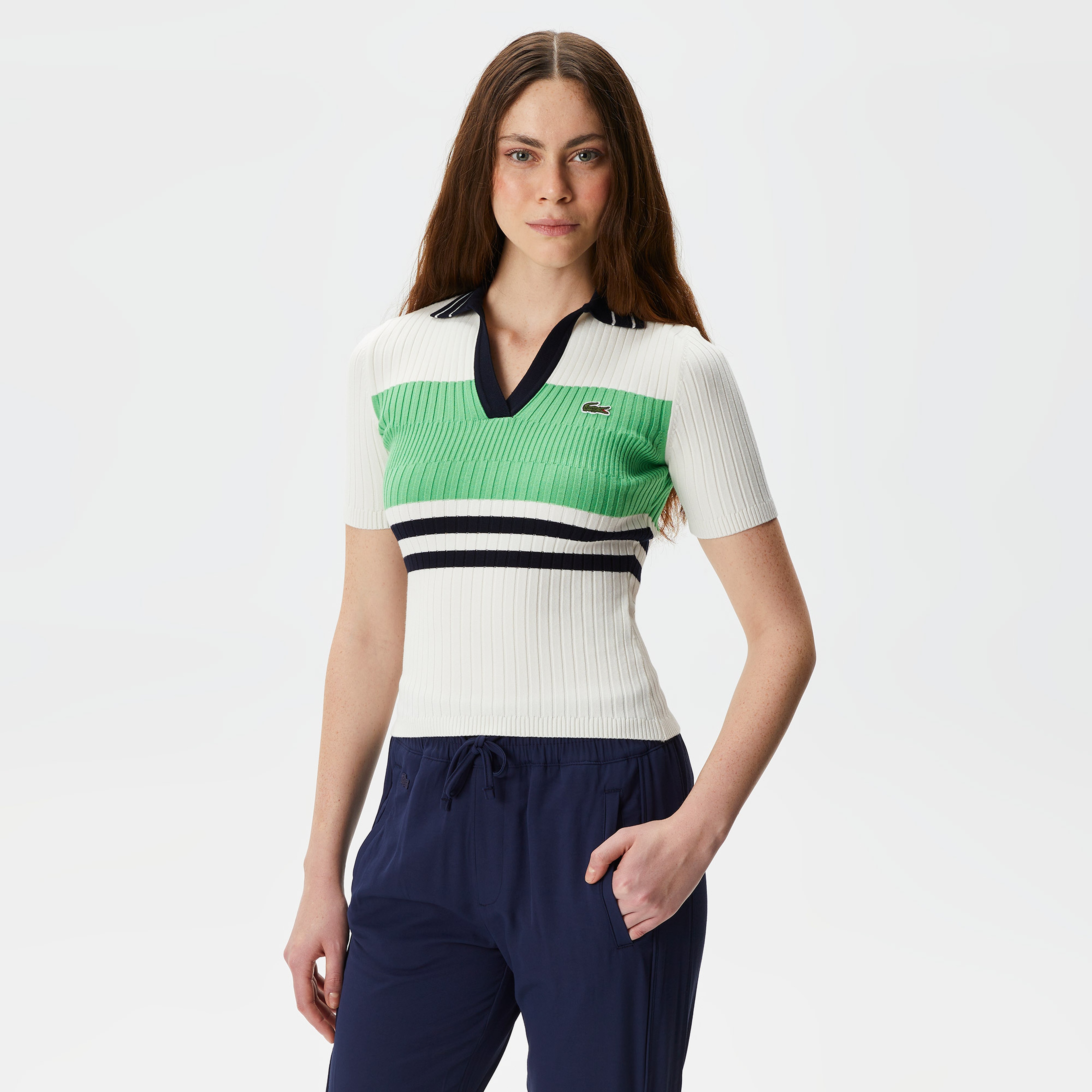 Kadın Slim Fit V Yaka Renk Bloklu Beyaz Triko