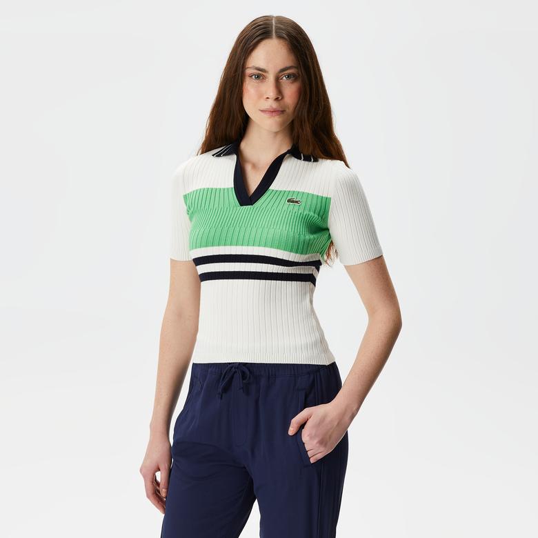 Kadın Slim Fit V Yaka Renk Bloklu Beyaz Triko