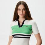 Kadın Slim Fit V Yaka Renk Bloklu Beyaz Triko