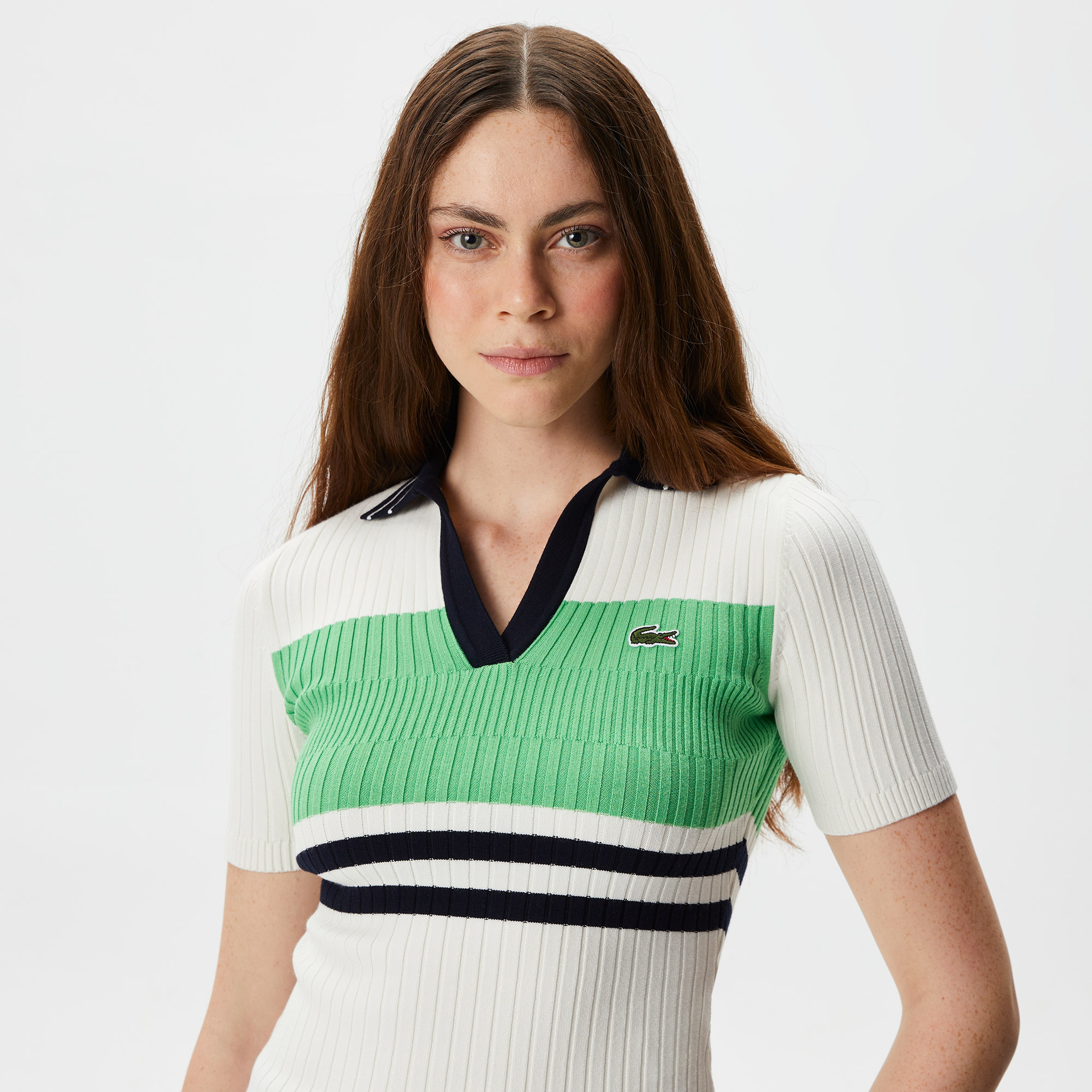 Kadın Slim Fit V Yaka Renk Bloklu Beyaz Triko