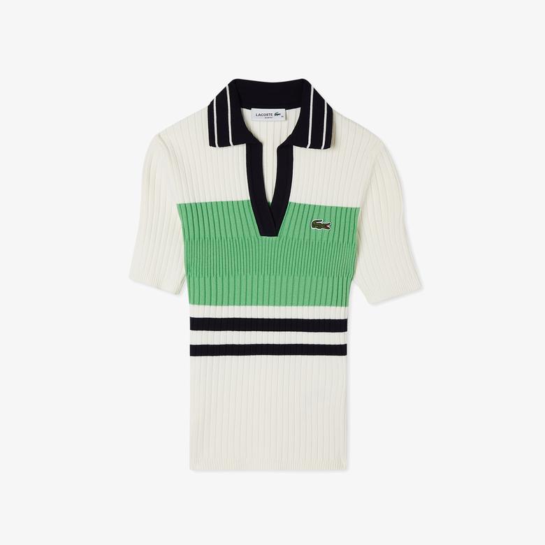 Kadın Slim Fit V Yaka Renk Bloklu Beyaz Triko