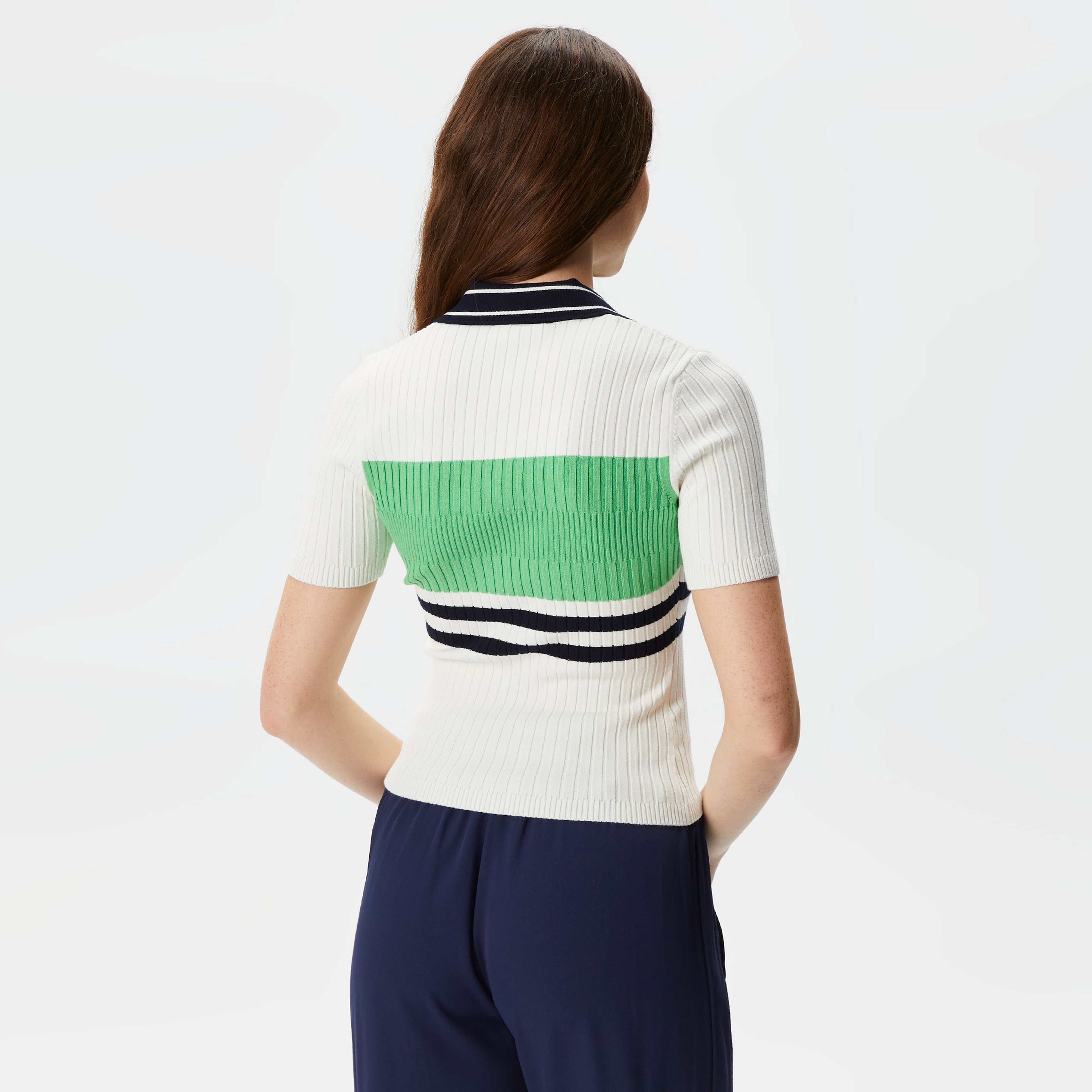 Kadın Slim Fit V Yaka Renk Bloklu Beyaz Triko