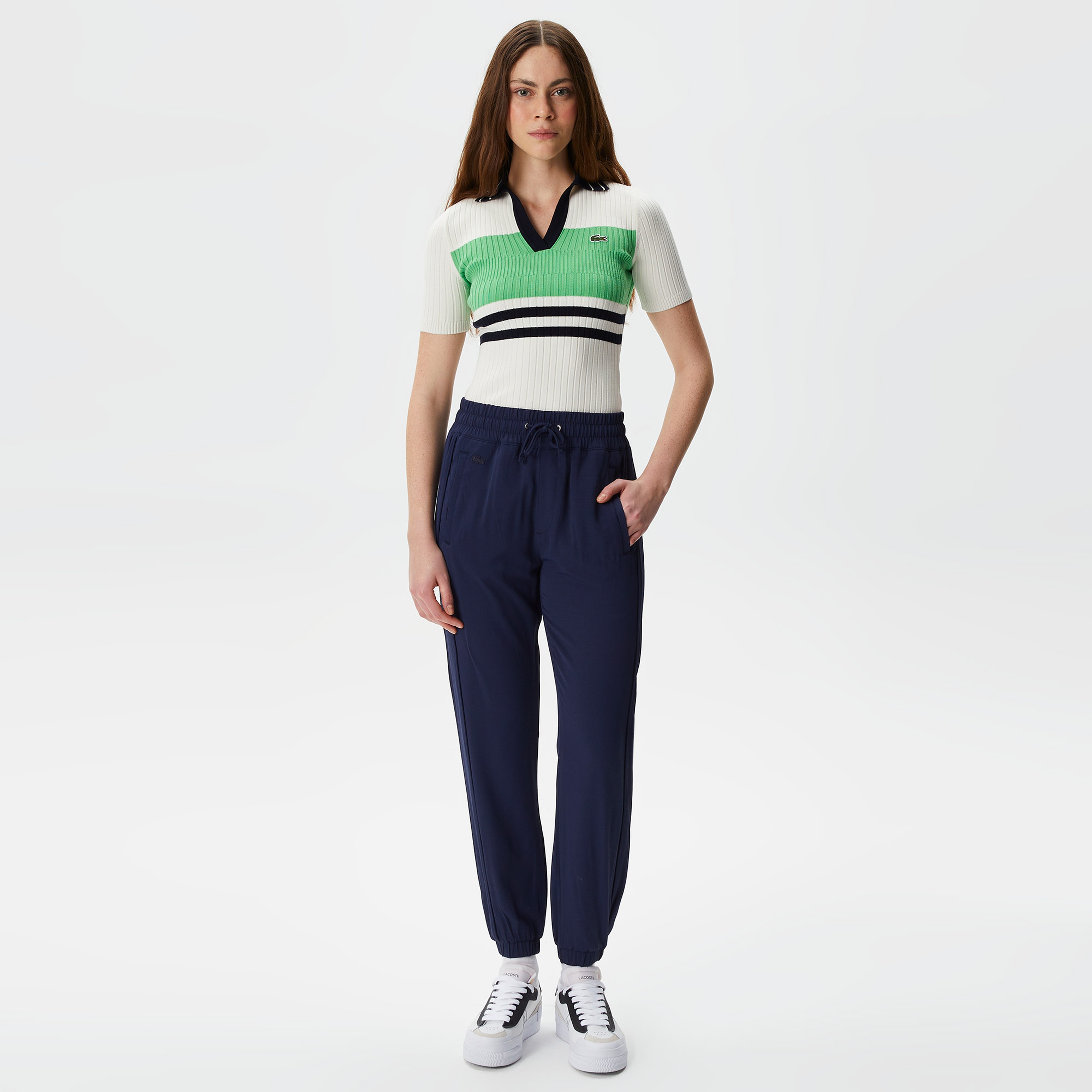 Kadın Slim Fit V Yaka Renk Bloklu Beyaz Triko