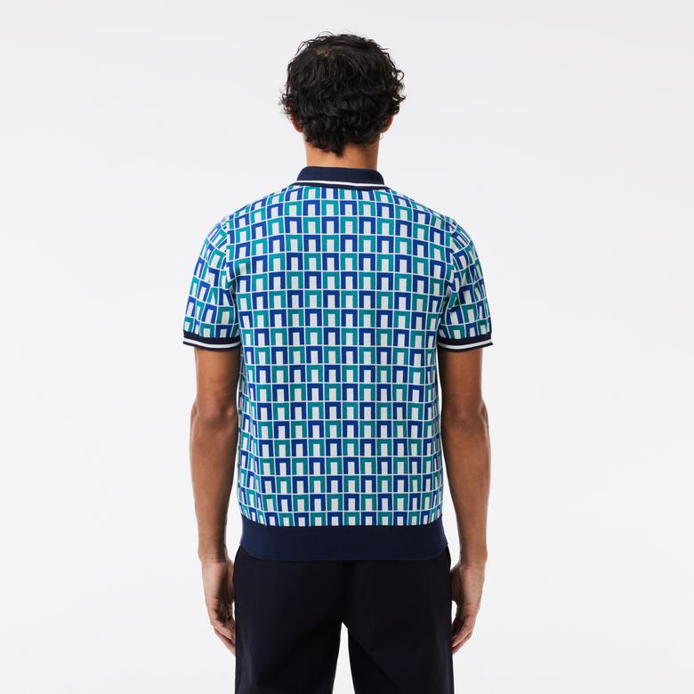 Erkek Regular Fit Gömlek Yaka Monogram Yeşil Triko