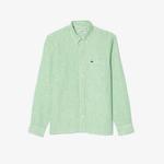 Erkek Regular Fit Düğmeli Yaka Çizgili Keten Yeşil Gömlek