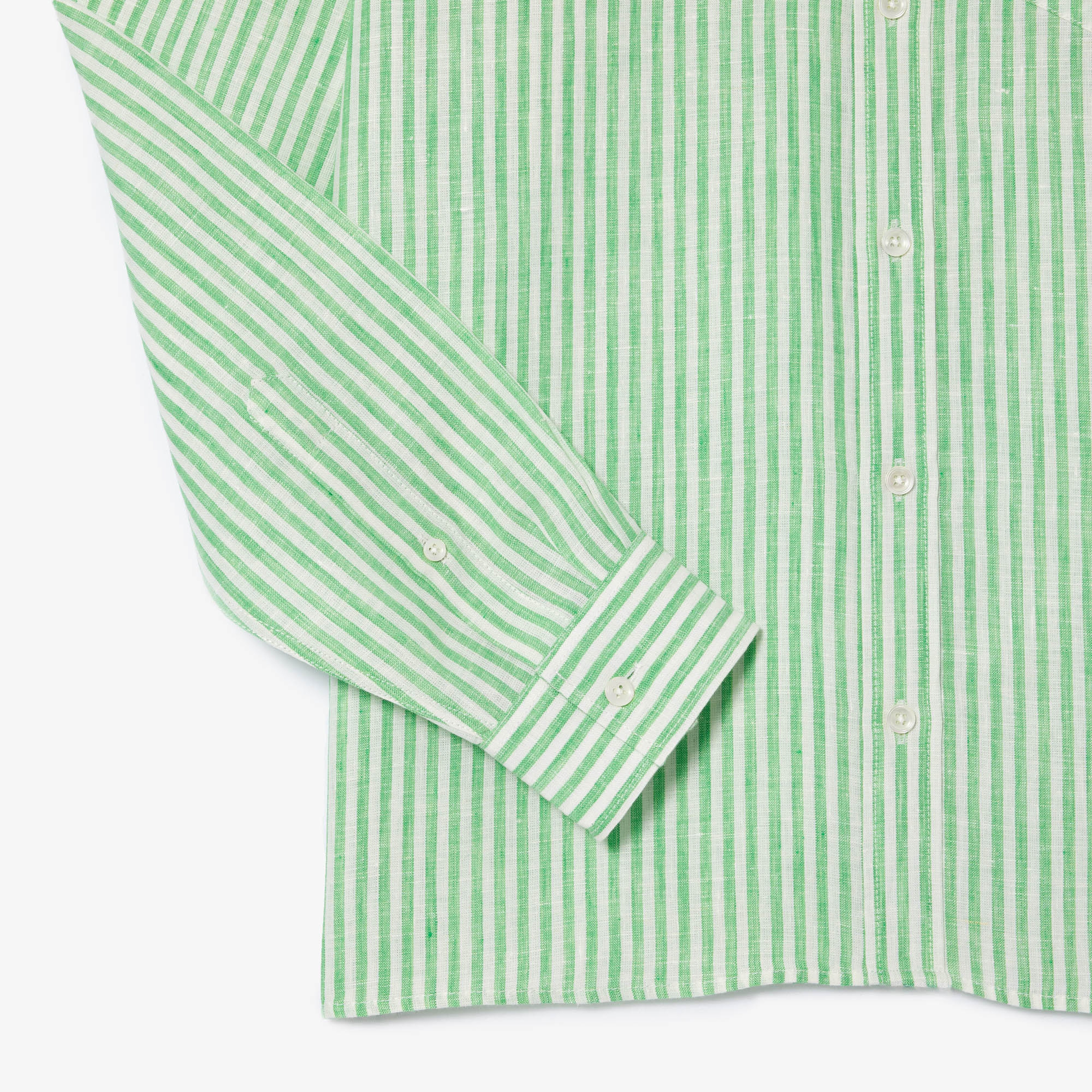 Erkek Regular Fit Düğmeli Yaka Çizgili Keten Yeşil Gömlek