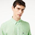 Erkek Regular Fit Düğmeli Yaka Çizgili Keten Yeşil Gömlek