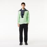 Erkek Regular Fit Düğmeli Yaka Çizgili Keten Yeşil Gömlek