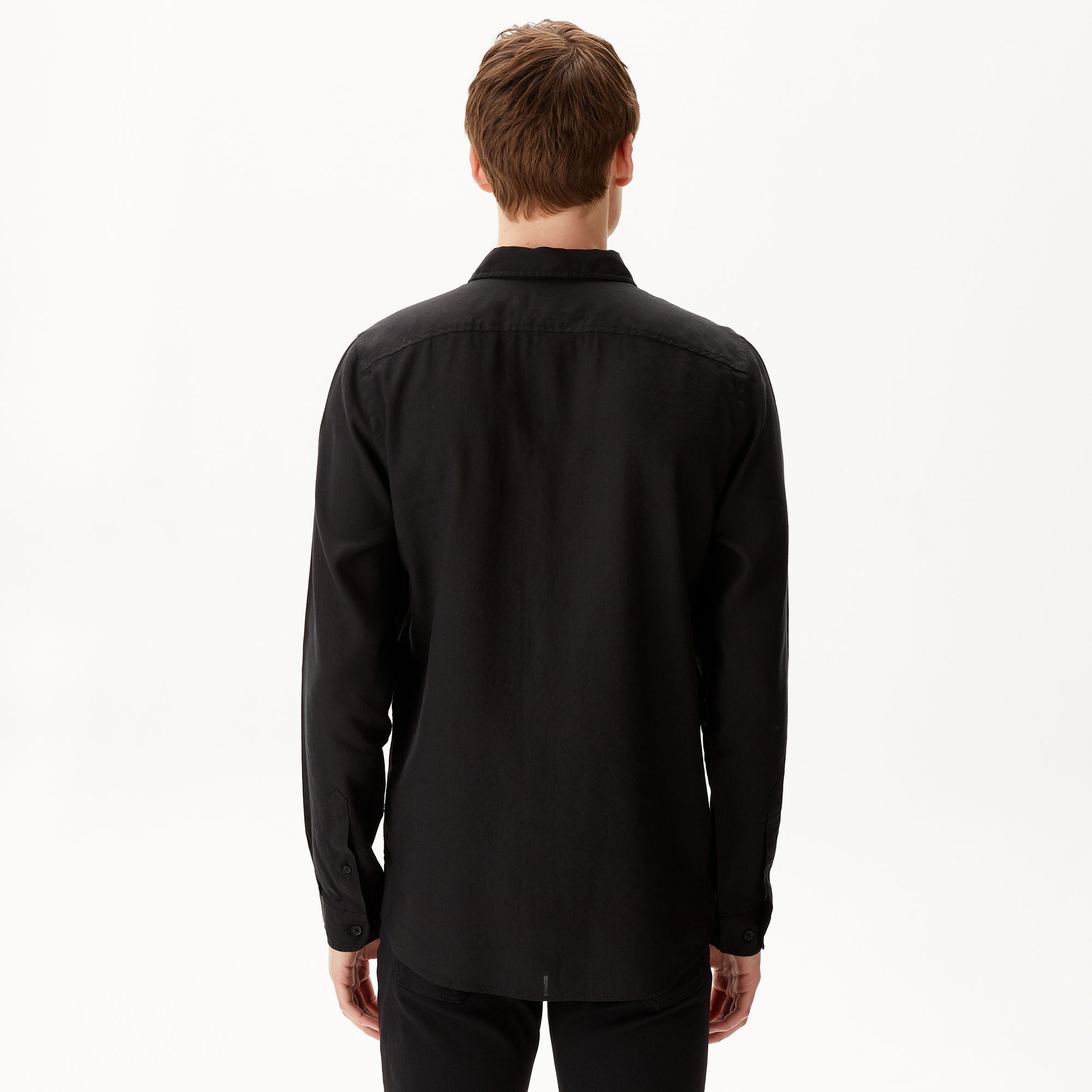 Erkek Slim Fit Keten Siyah Gömlek