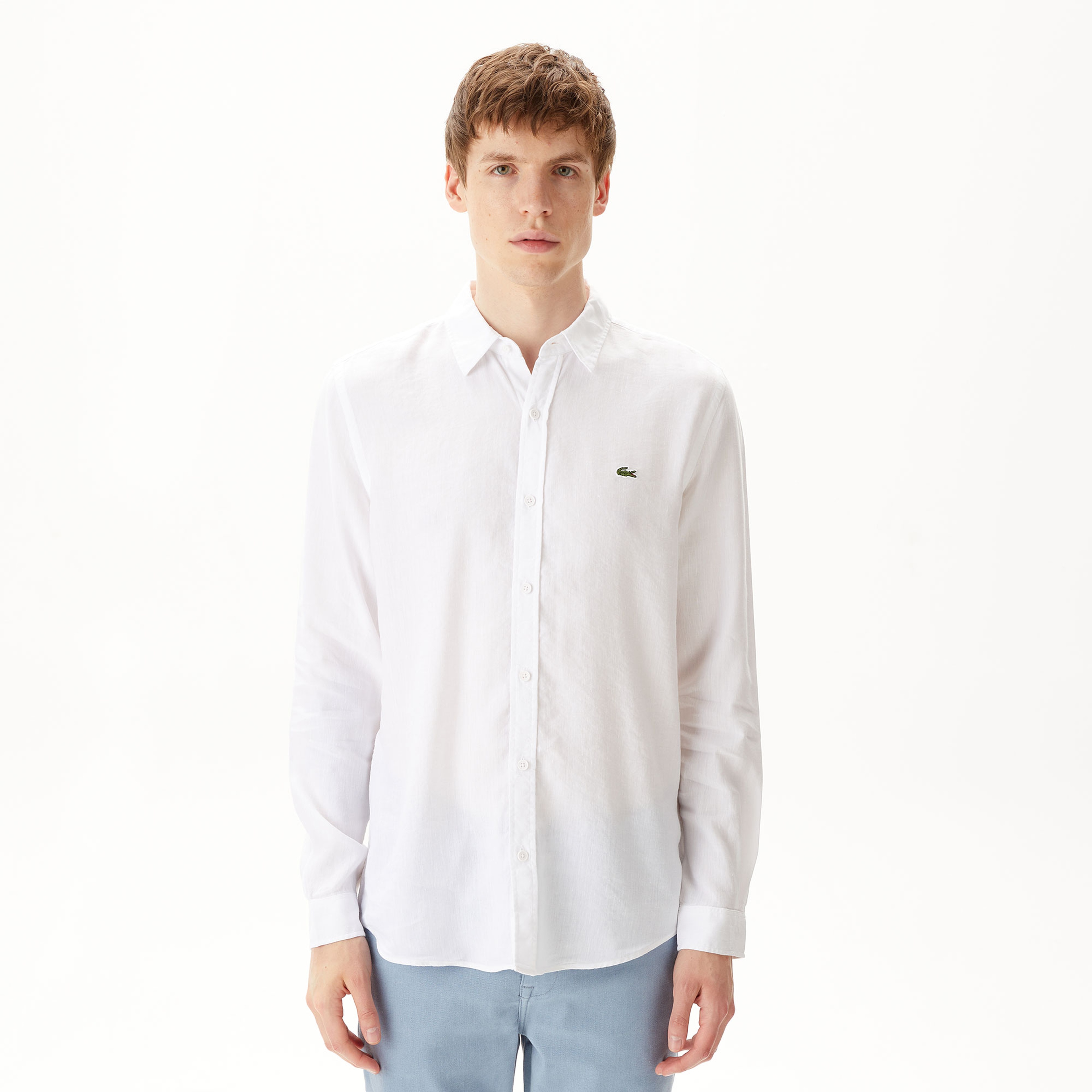 Erkek Slim Fit Keten Beyaz Gömlek