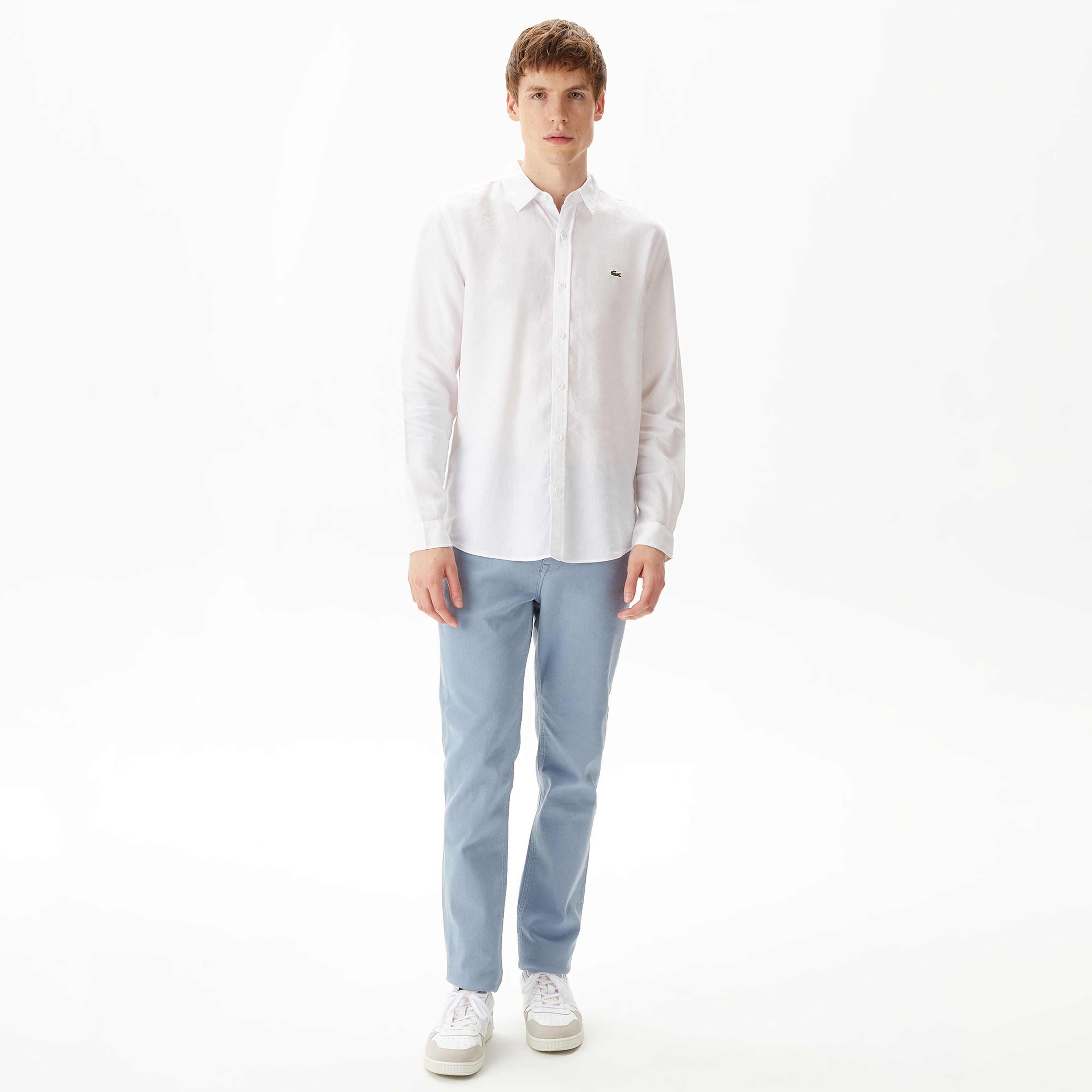 Erkek Slim Fit Keten Beyaz Gömlek