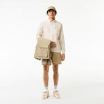 Erkek Regular Fit Düğmeli Yaka Çizgili Keten Sarı Gömlek