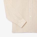 Erkek Regular Fit Düğmeli Yaka Çizgili Keten Sarı Gömlek