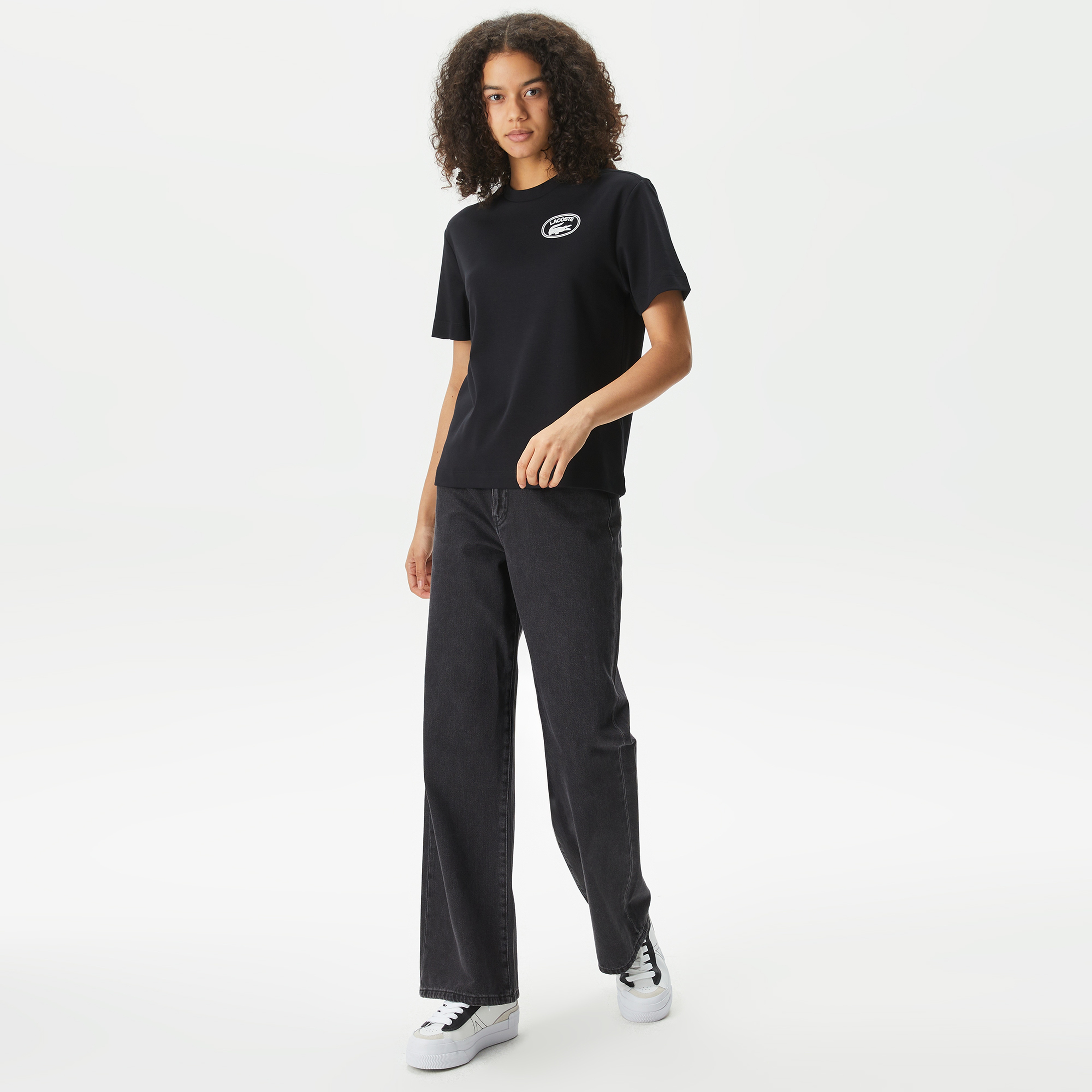 Kadın Bisiklet Yaka Baskılı Siyah T-Shirt