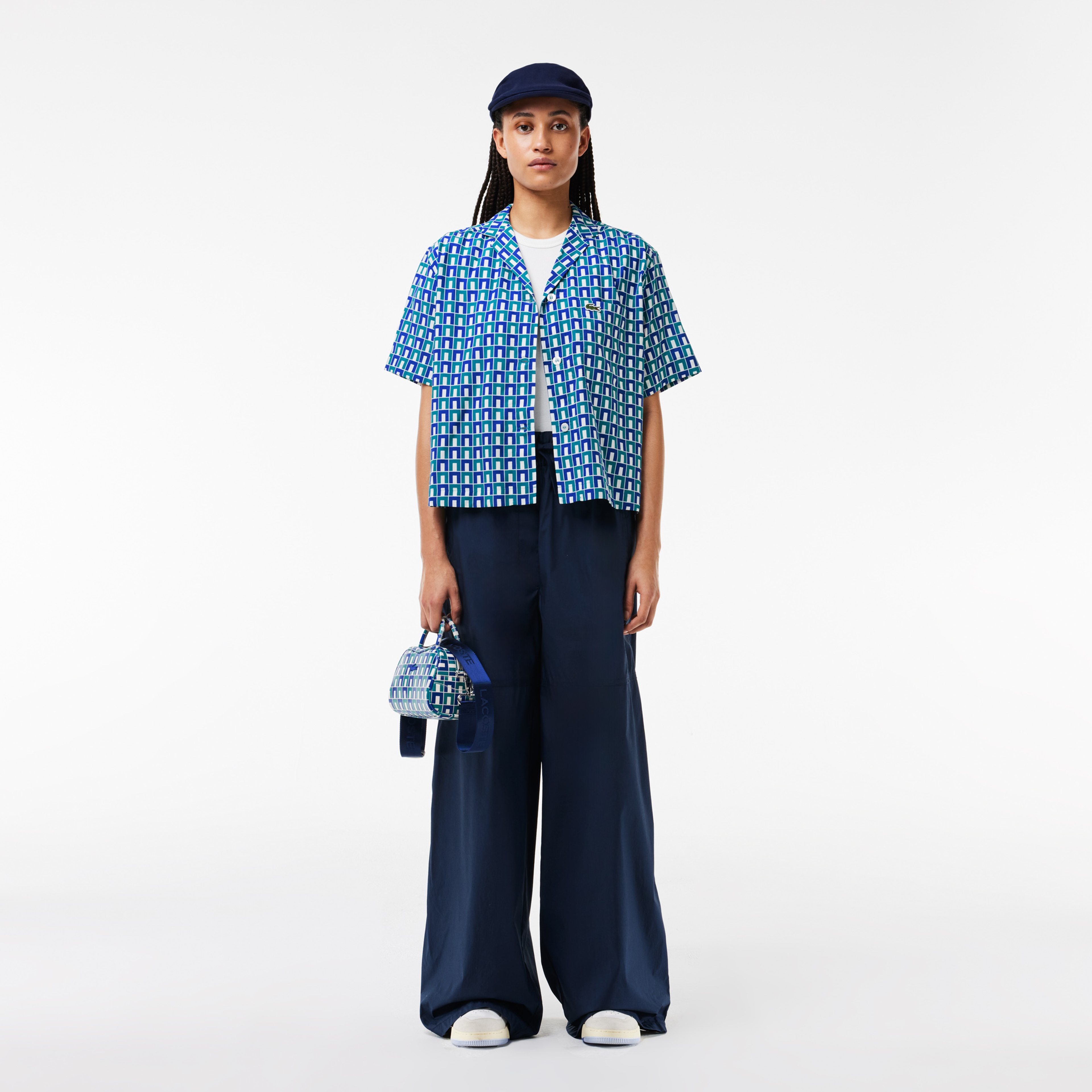 Kadın Relaxed Fit Kısa Kollu Monogram Mavi Gömlek