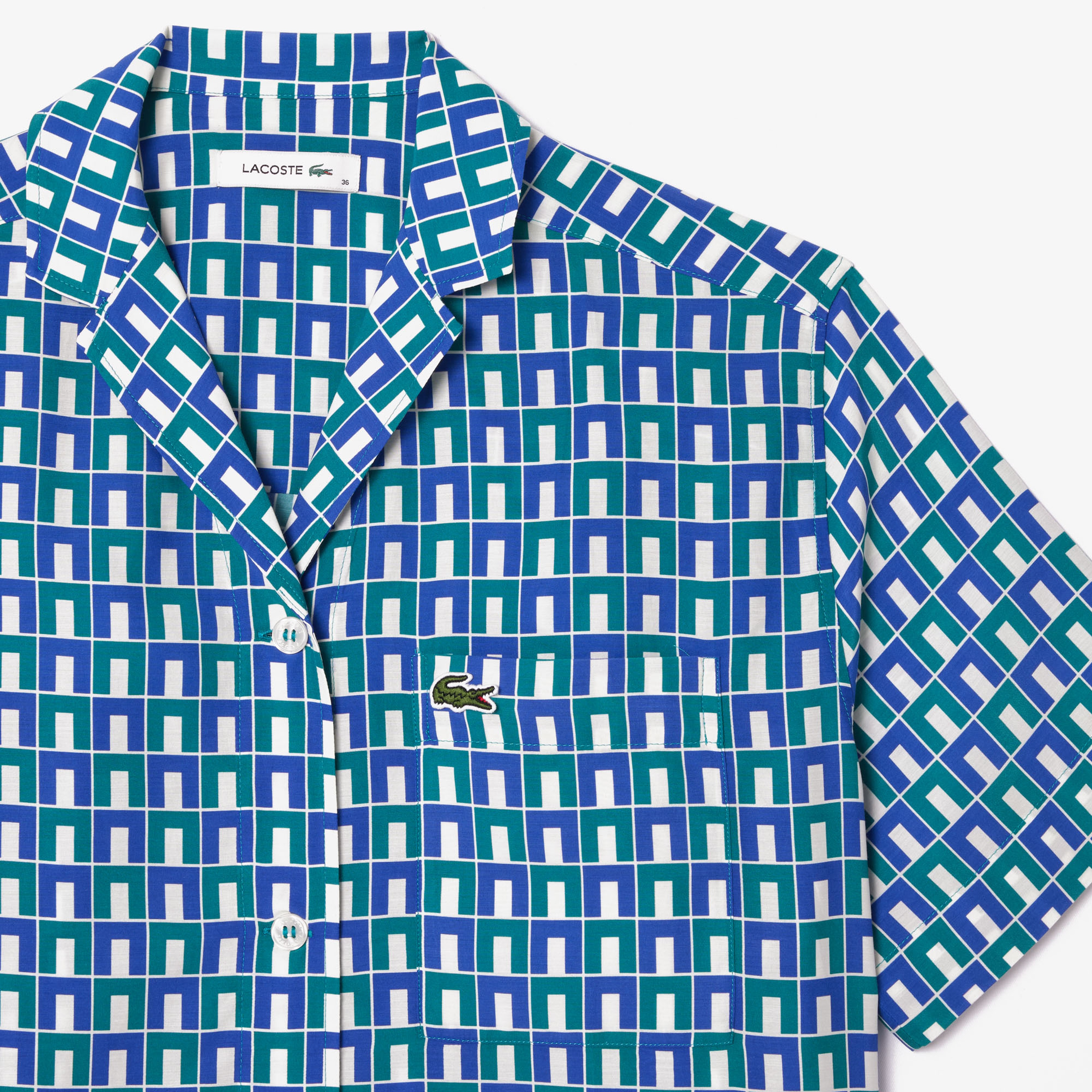 Kadın Relaxed Fit Kısa Kollu Monogram Mavi Gömlek