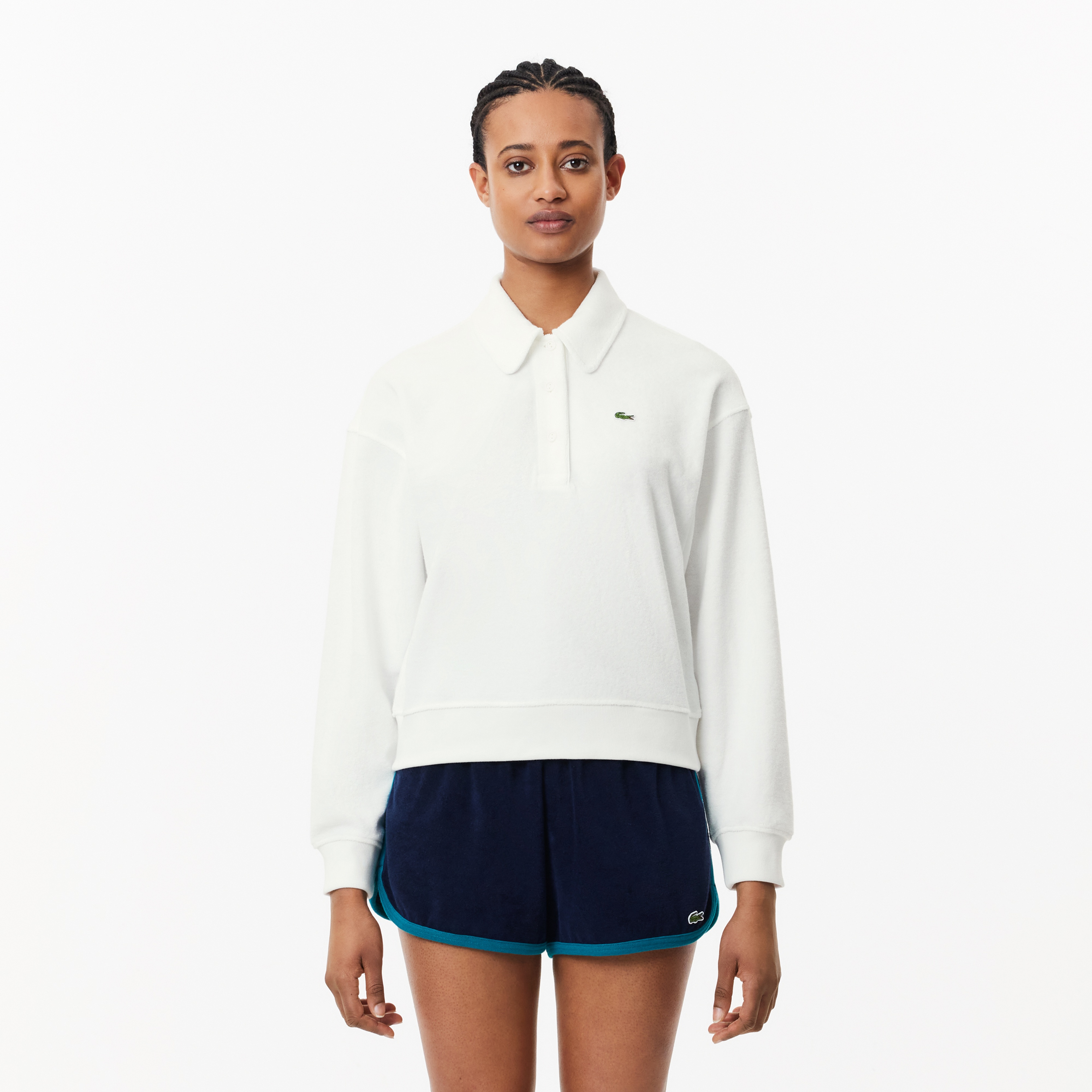 Kadın Polo Yaka Beyaz Sweatshirt