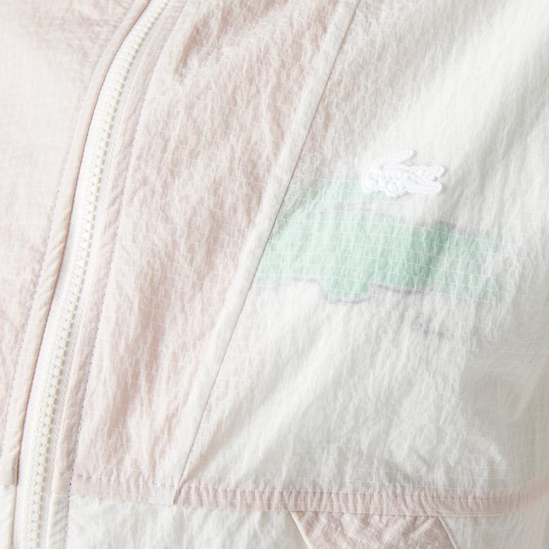 Kadın Kapüşonlu Renk Bloklu Beyaz Mont