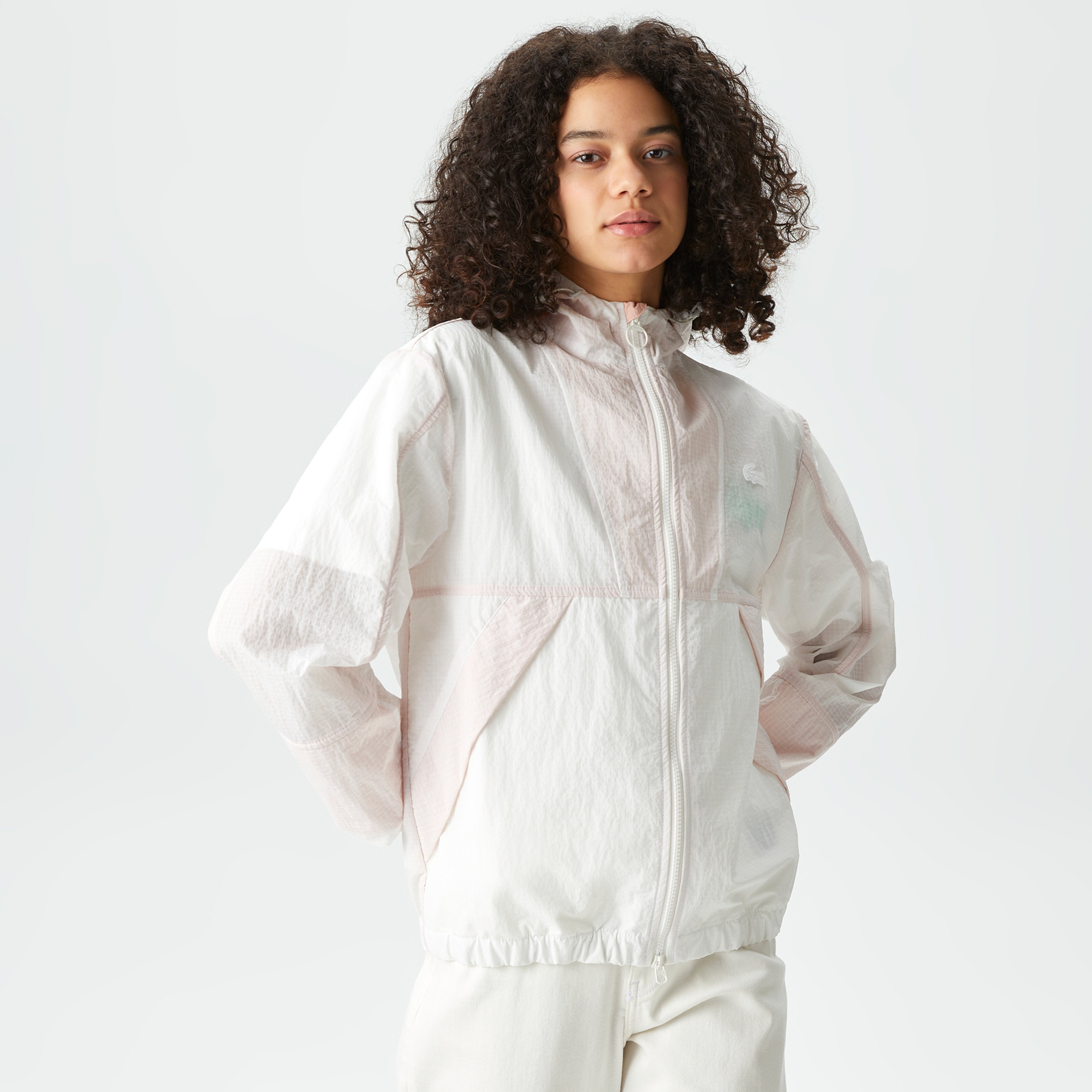 Kadın Kapüşonlu Renk Bloklu Beyaz Mont