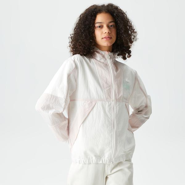 Kadın Kapüşonlu Renk Bloklu Beyaz Mont