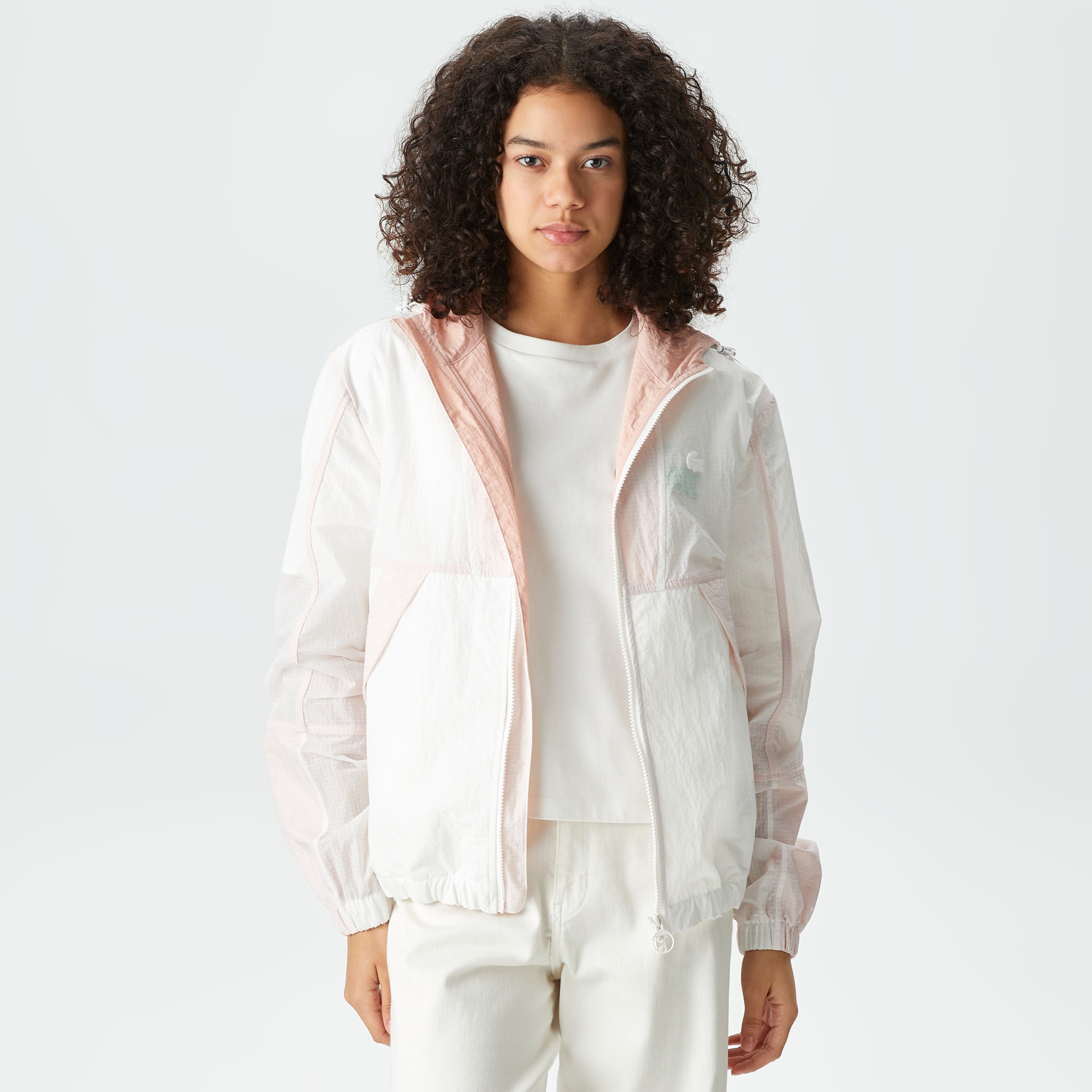 Kadın Kapüşonlu Renk Bloklu Beyaz Mont