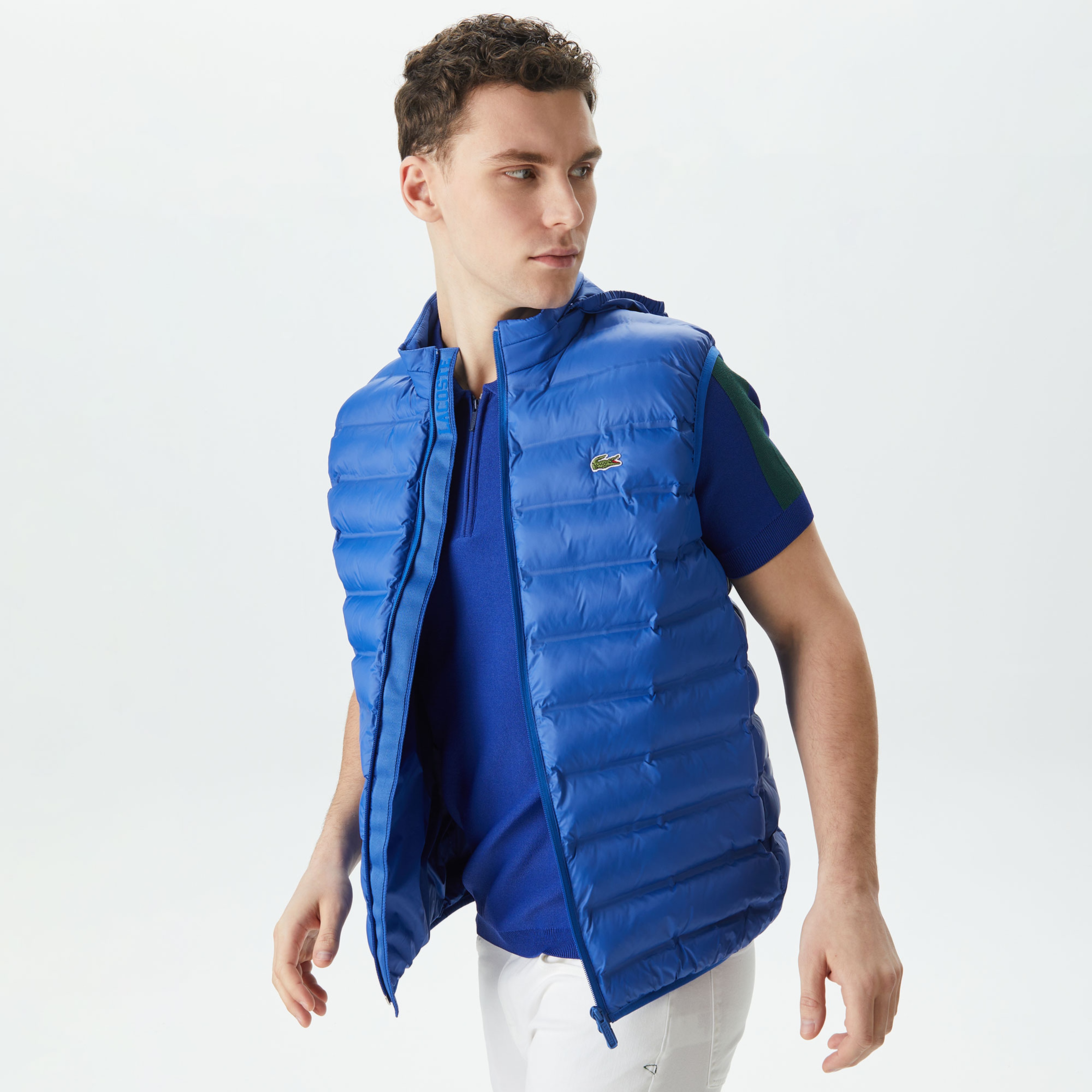 Erkek Slim Fit Kapüşonlu Mavi Yelek