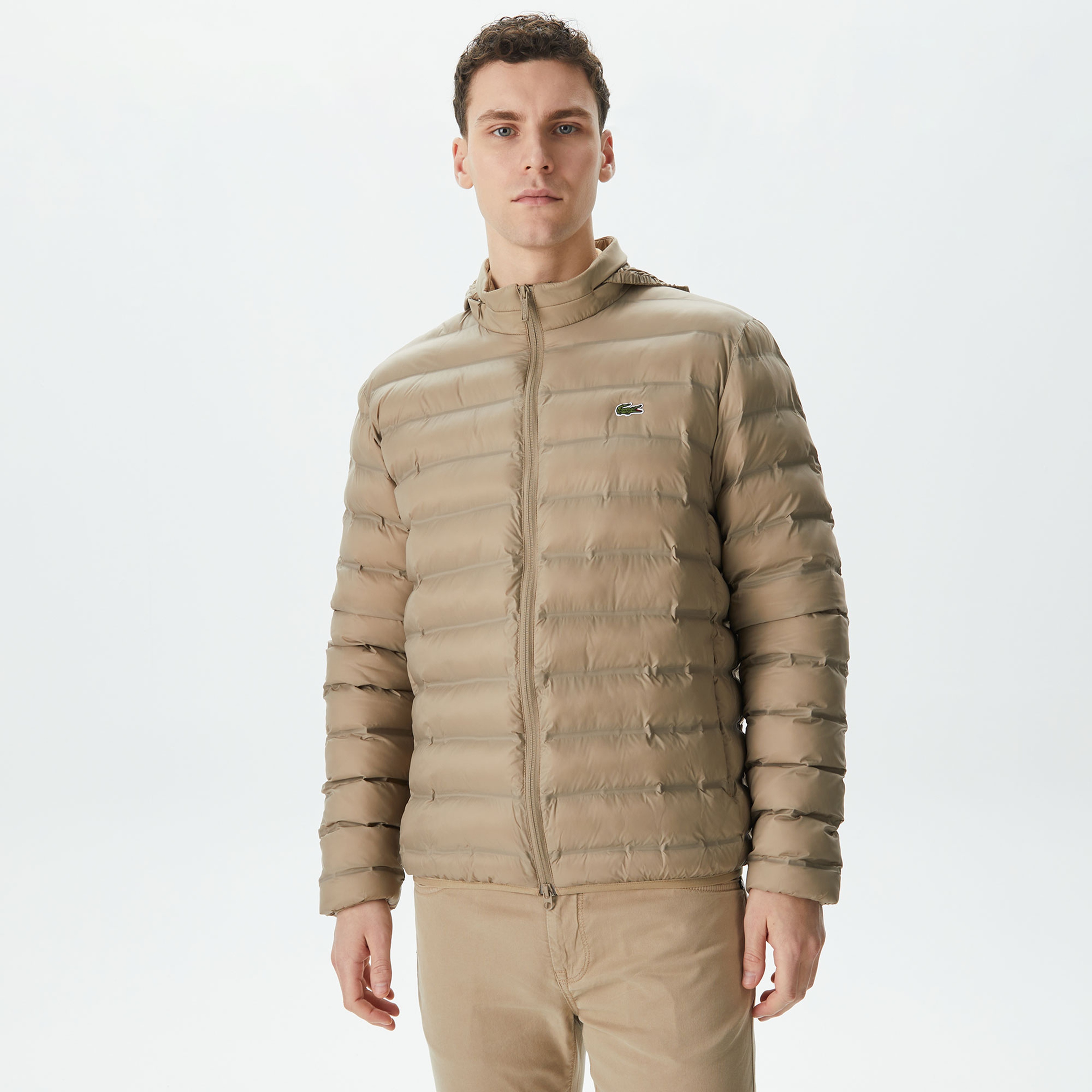 Erkek Kapüşonlu Kapitone Bej Mont