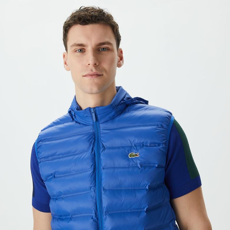 Erkek Slim Fit Kapüşonlu Mavi Yelek