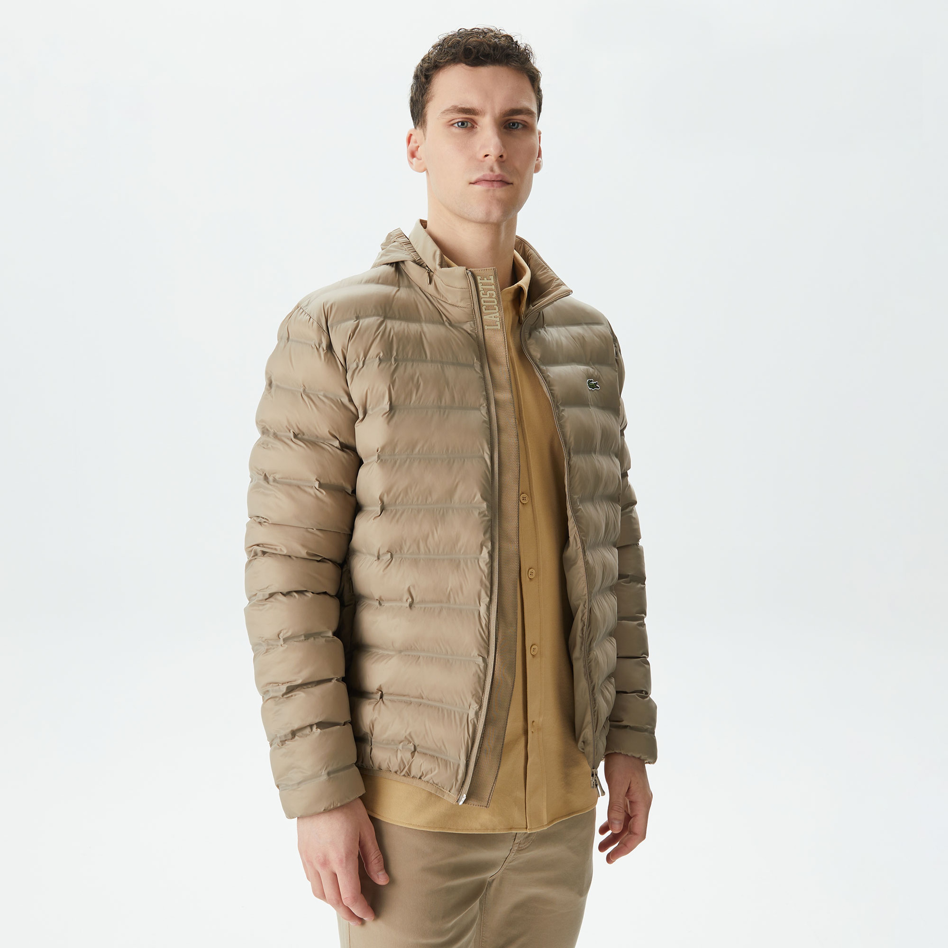 Erkek Kapüşonlu Kapitone Bej Mont