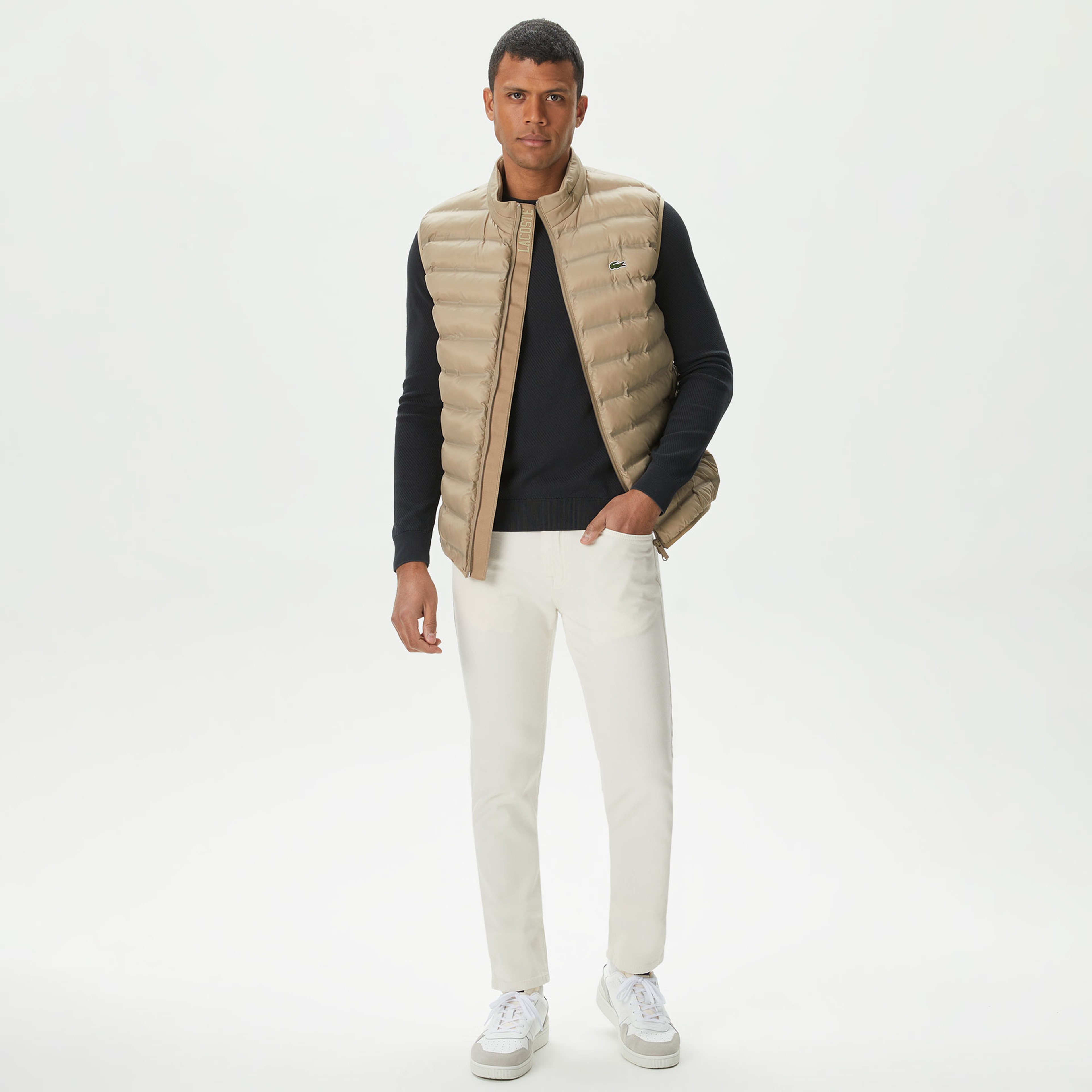 Erkek Slim Fit Kapüşonlu Bej Yelek