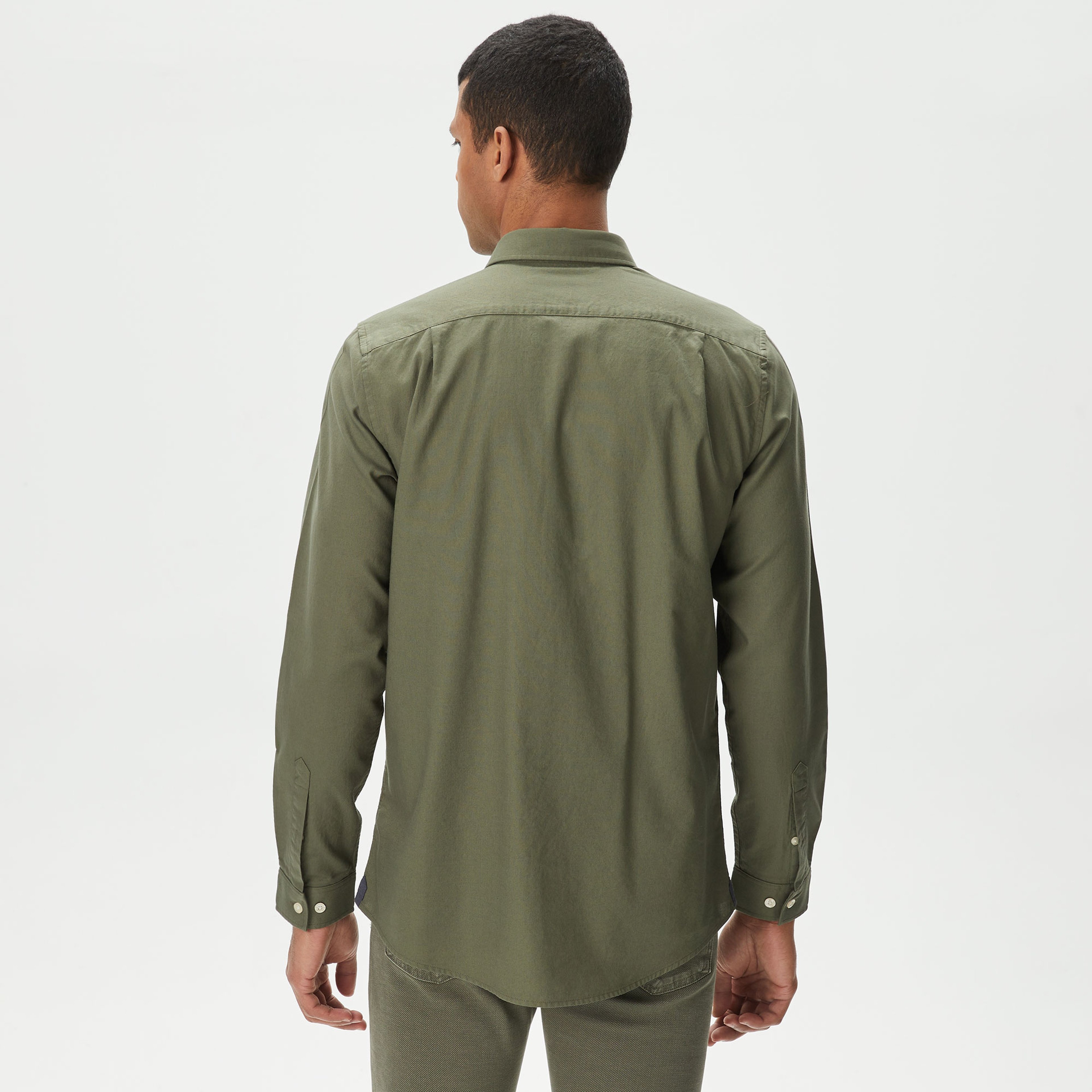 Erkek Slim Fit Düğmeli Yaka Haki Gömlek