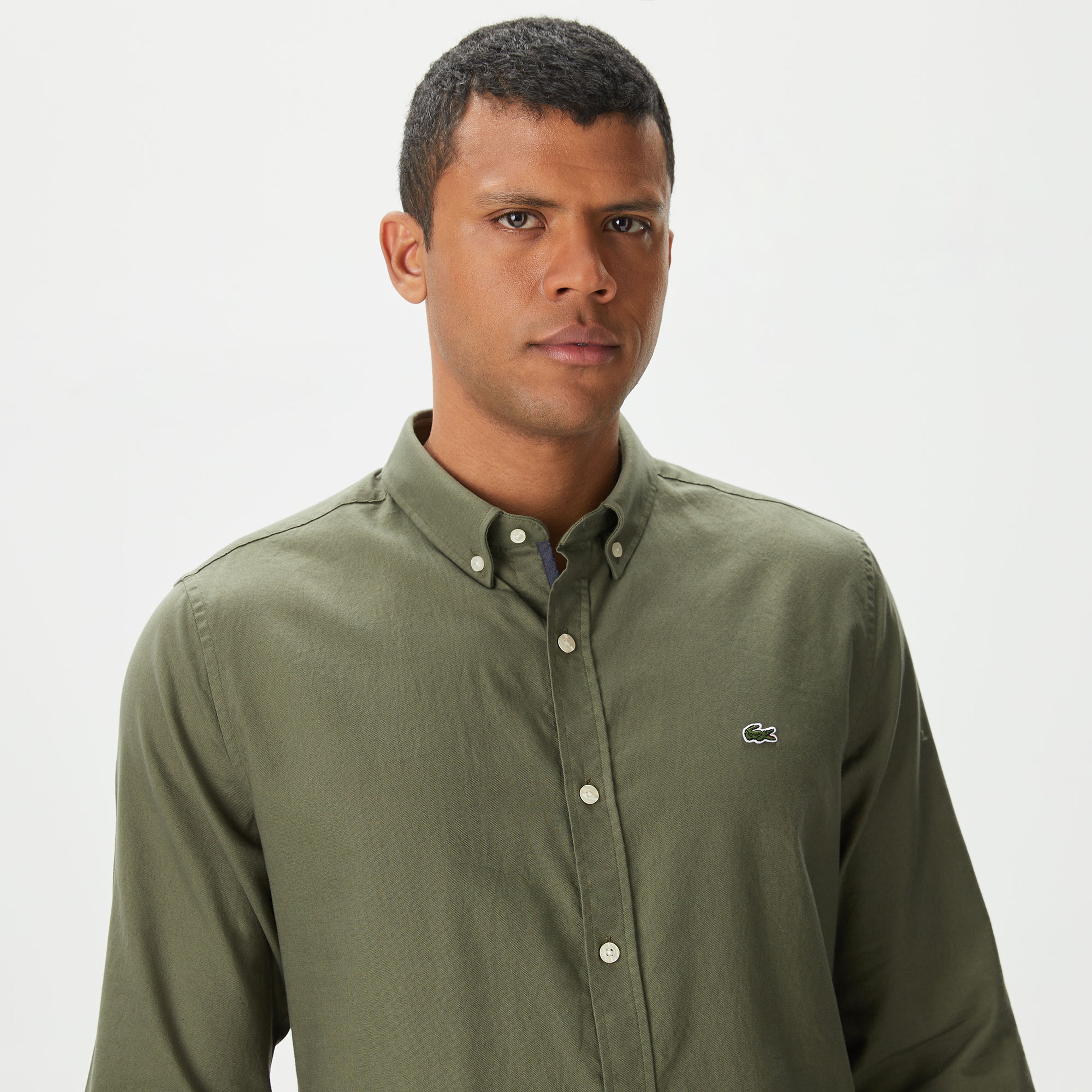 Erkek Slim Fit Düğmeli Yaka Haki Gömlek