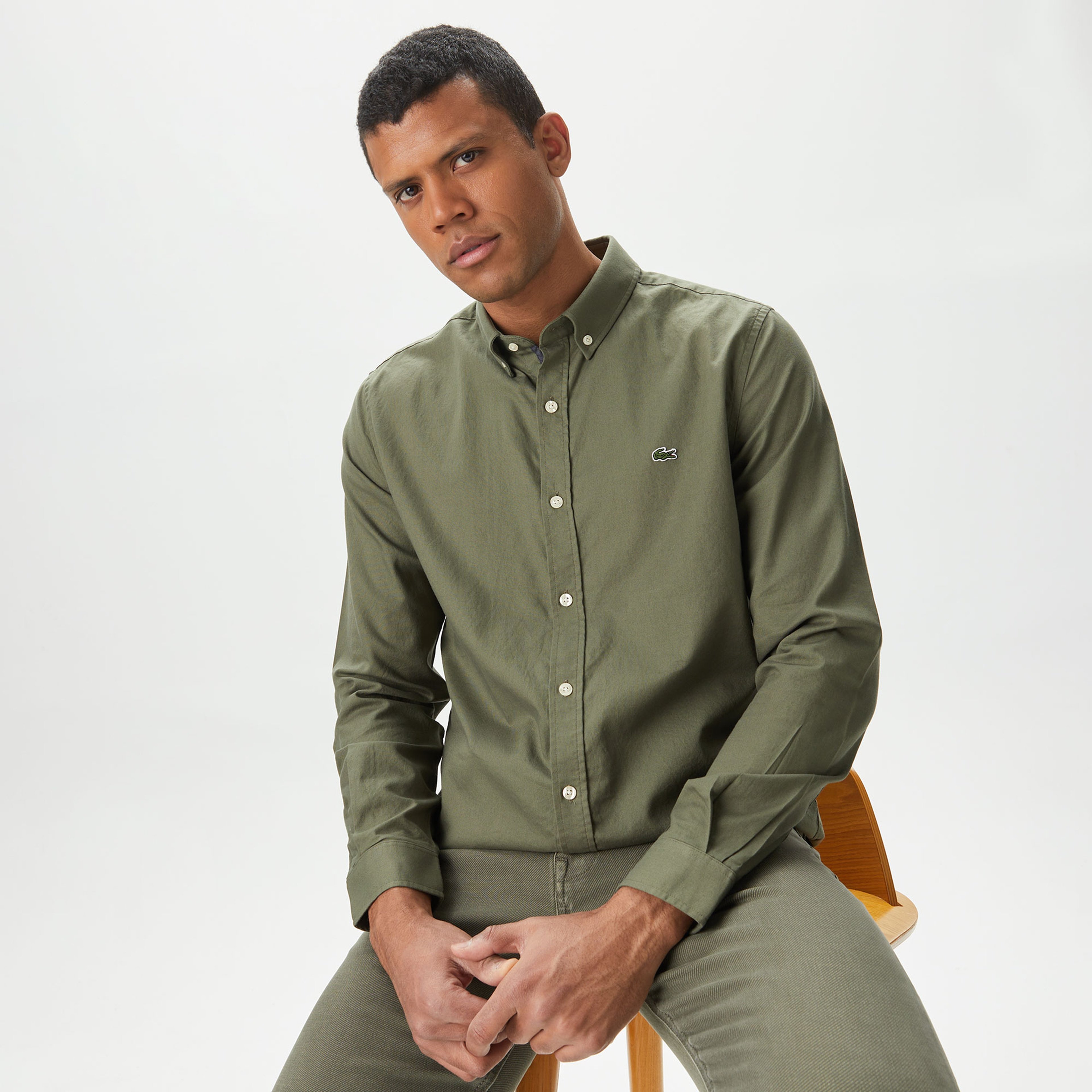 Erkek Slim Fit Düğmeli Yaka Haki Gömlek