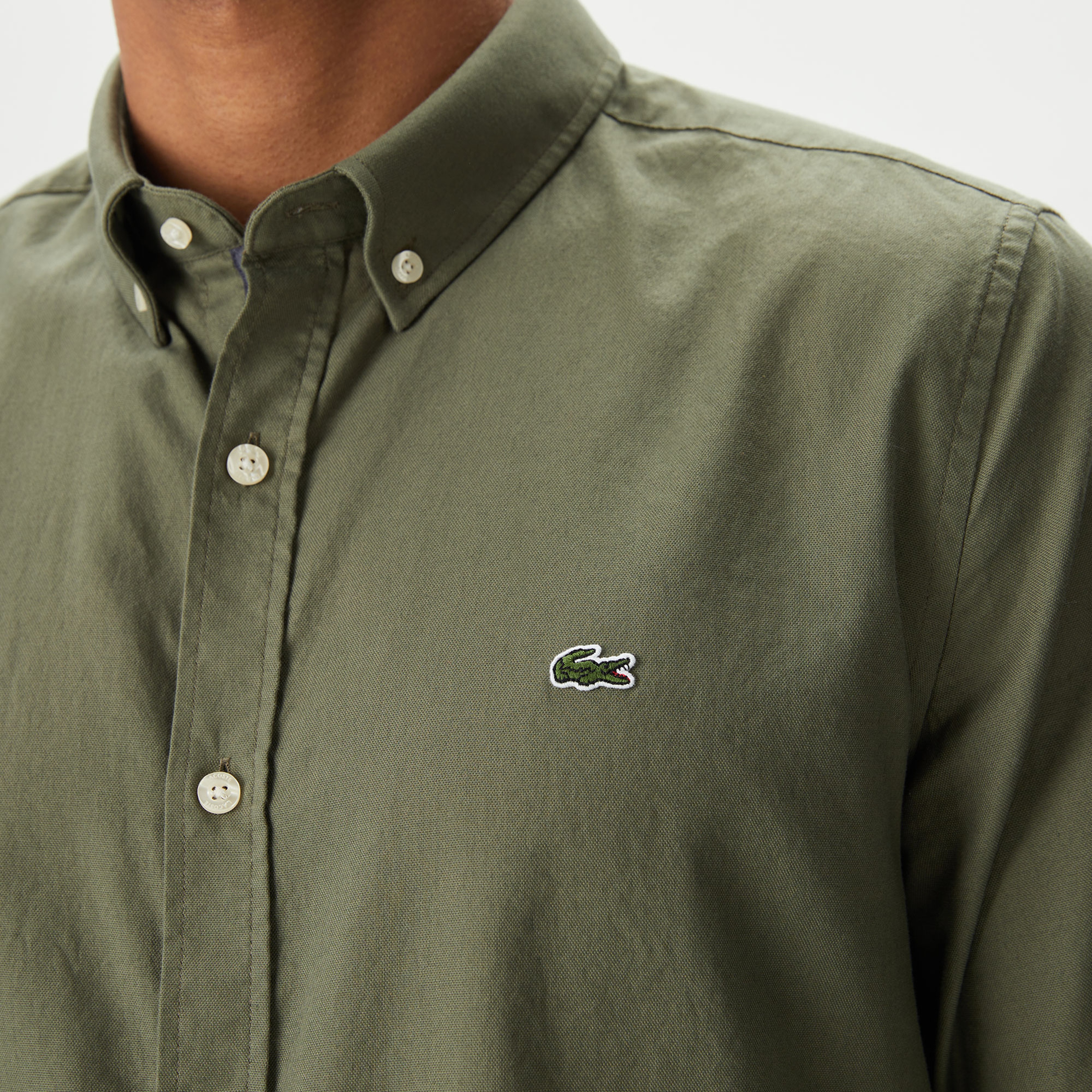 Erkek Slim Fit Düğmeli Yaka Haki Gömlek