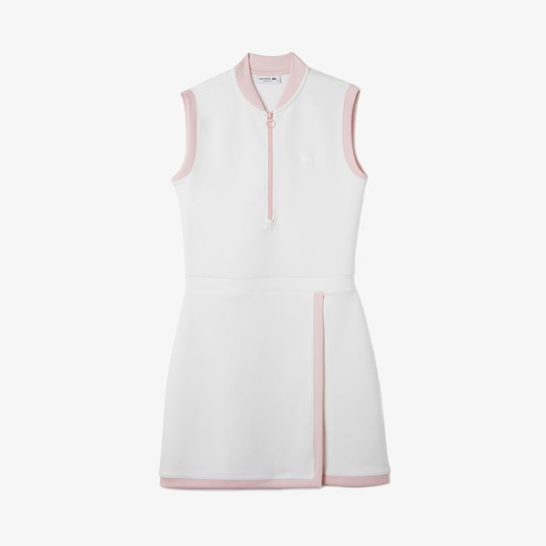 Kadın Regular Fit Kolsuz Yarım Fermuarlı Renk Bloklu Beyaz Elbise