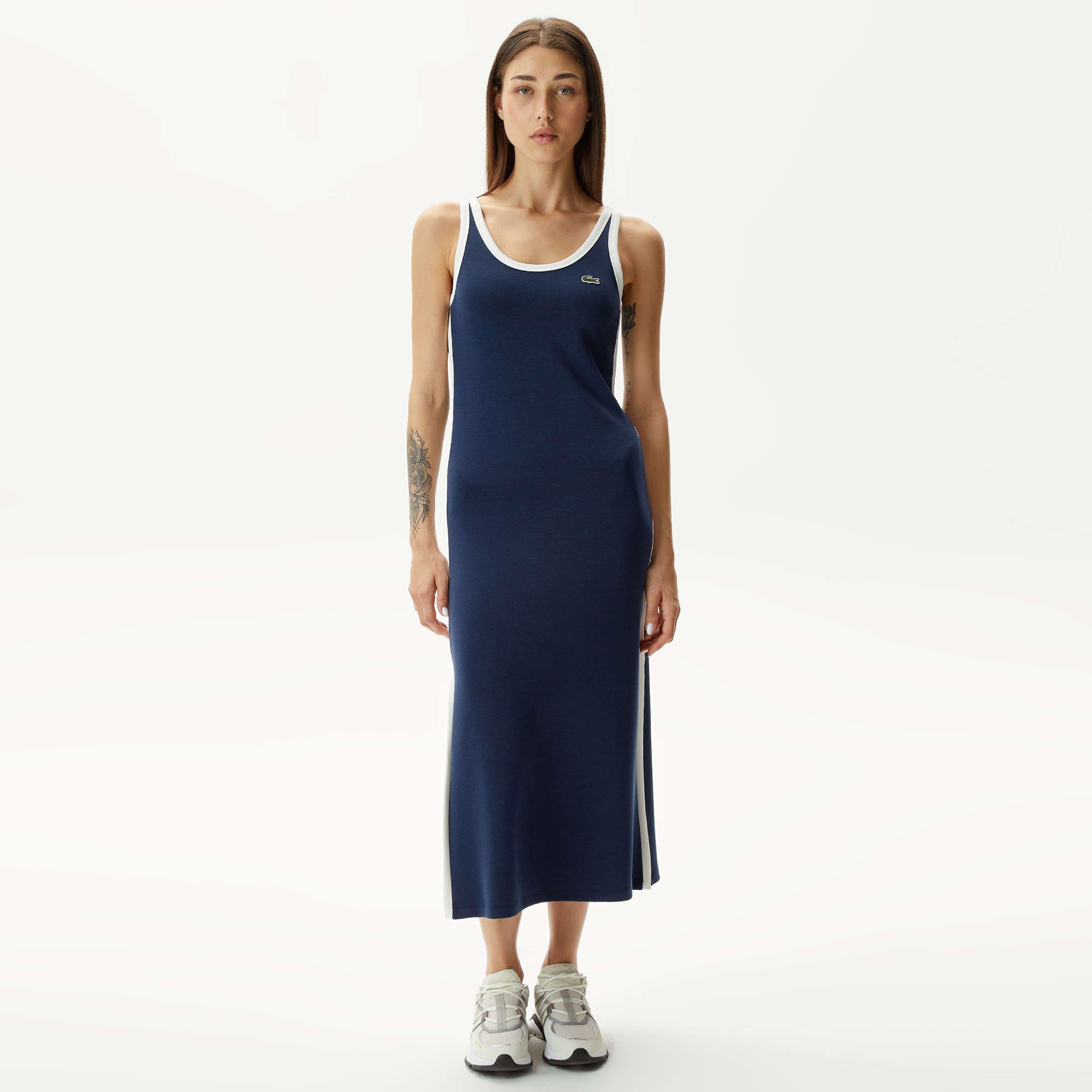 Kadın Slim Fit Kolsuz Bisiklet Yaka Renk Bloklu Lacivert Elbise