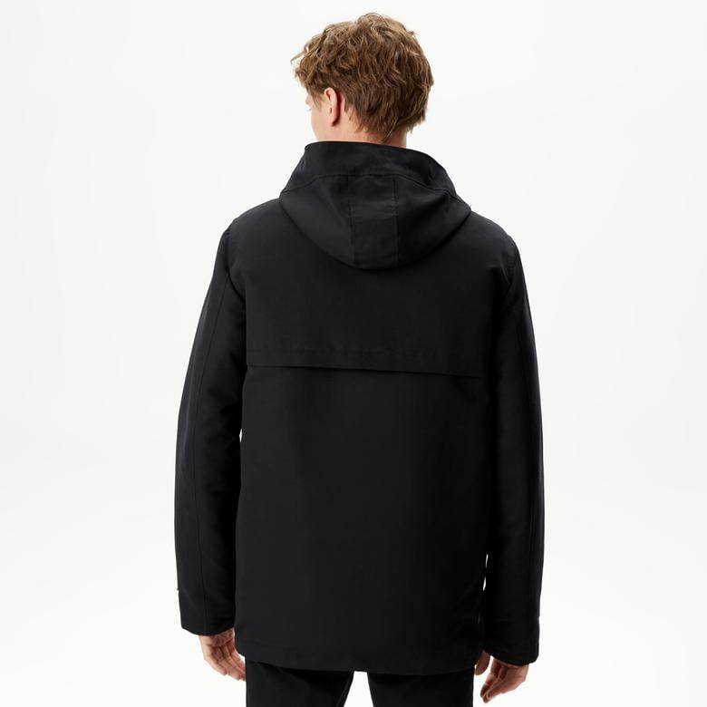 Erkek Kapüşonlu Siyah Çıkarılabilir Yelek Detaylı Mont